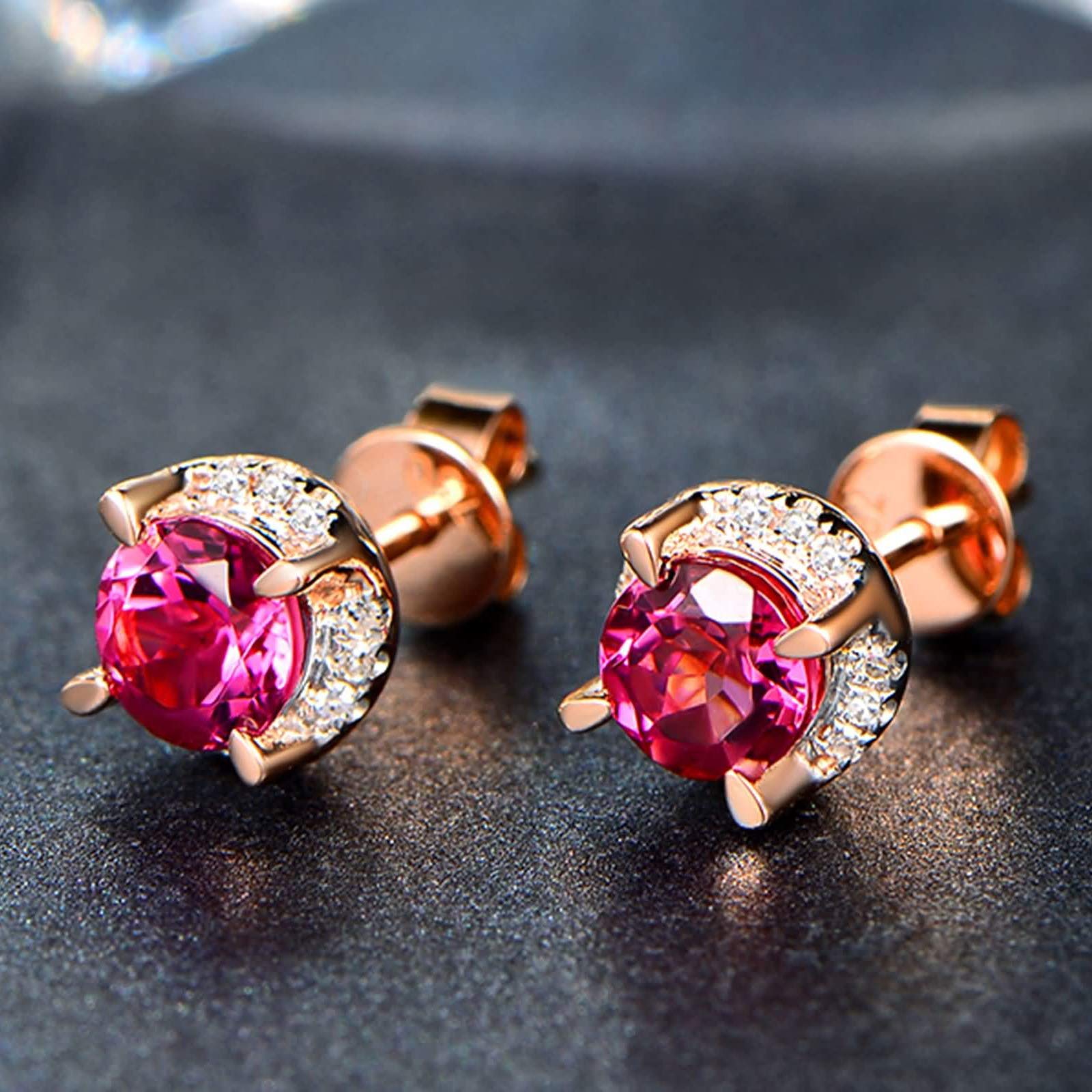 Daesar Damskie kolczyki 750 czerwone złoto prawdziwe okrągłe turmaliny 1,25 ct różowe złoto kolczyki na ślub diament