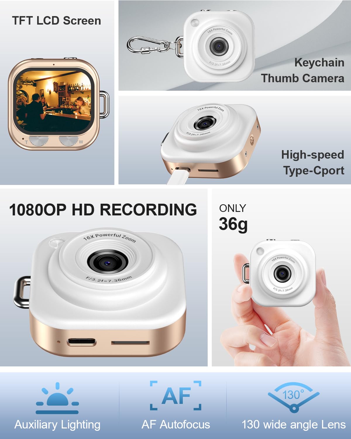 W & O Mini Keychain Digital Camera,1080p Mini Camera Charms with 32GB Card,Small Cameras for Photography with Long Battery Life,Pocket-Size Keychain Camera with Chain for Vlog, Party,Travel (Gold) - 3