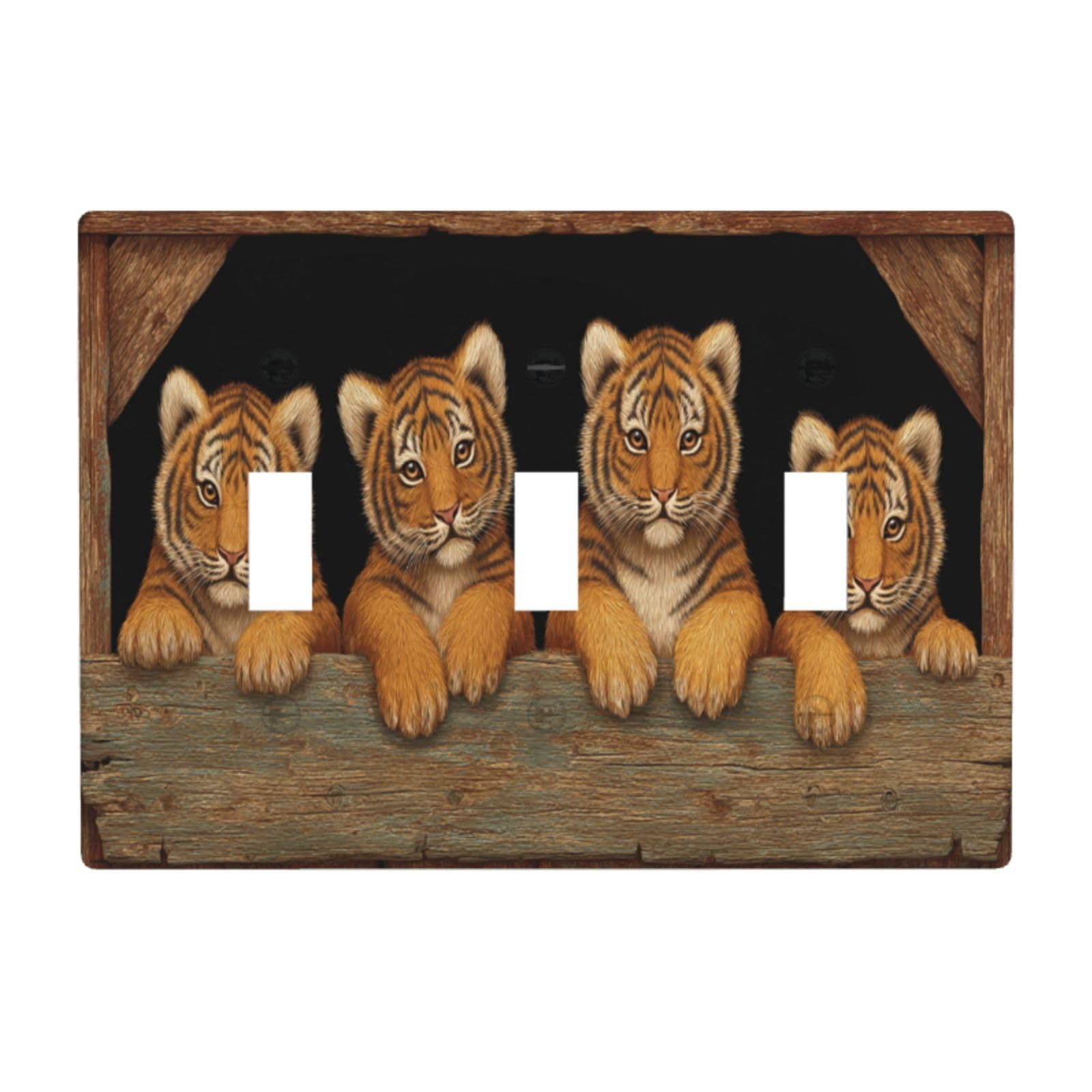 Four Tigers and Brown Wooden Light Switch Covers 3 Gang Triple Toggle Wall Plate Switchplate Electrical Faceplate for Bathroom Kitchen Bedroom Decor