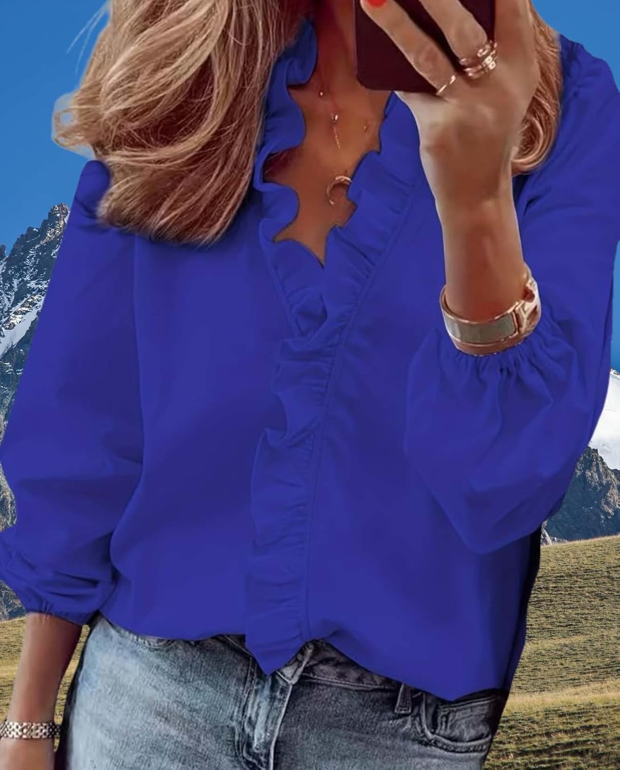 Ruffled Blouse for Womens V Neck Flowy Casual Loose Fit Tank Top Pleated Peplum Front Solid Trendy Cute Shirts image 5