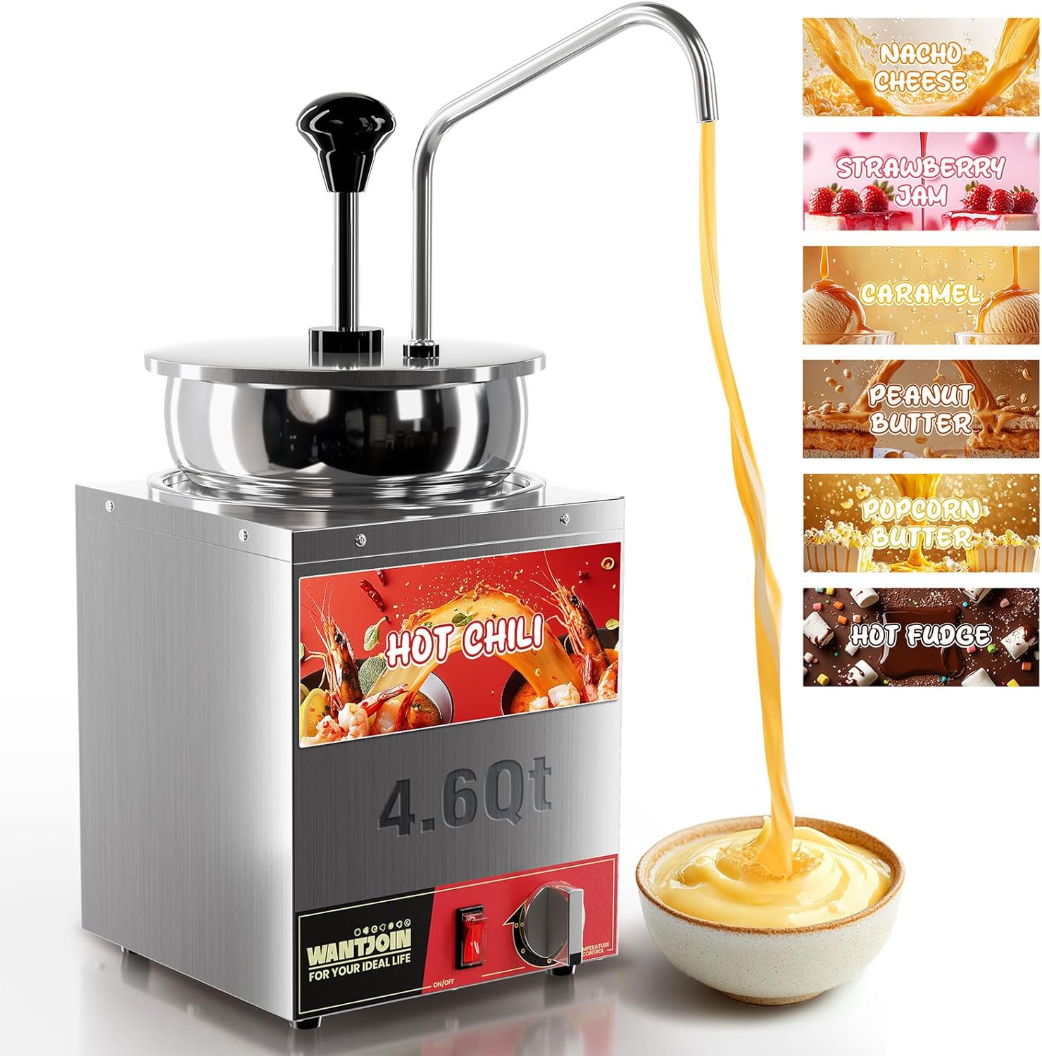 WantJoin Nacho Cheese Dispenser with Pump - 4.6QT Commercial Stainless Steel Warmer with 86-185°F Temperature Control for Hot Fudge, Caramel & Sauces