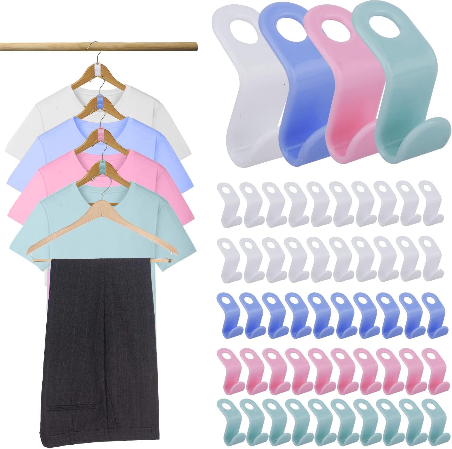 50PCS Clothes Hanger Connector Hooks Colorful Cascading Clothes Hooks Space Saving Cascading Connection Hooks for Closet Space Savers and Organizer Closets(4 Mix Colors,Size:2.05 * 0.79 inch)