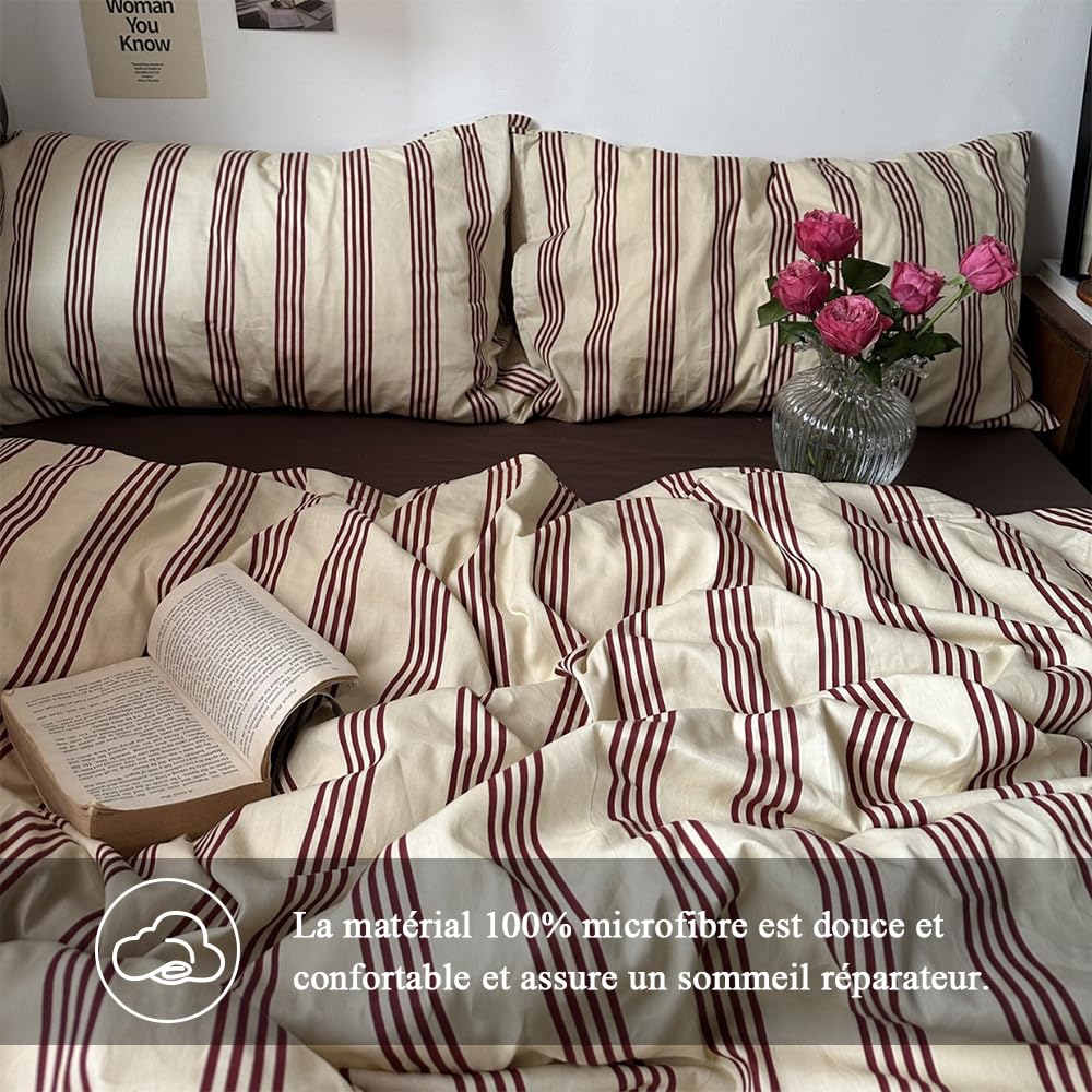 Freyamy - Funda nórdica de 200 x 200 cm, diseño de rayas, color rojo y beige, juego de cama para 2 personas y niñas, con cierre de cremallera, con 2 fundas de almohada de 65 x 65 cm
