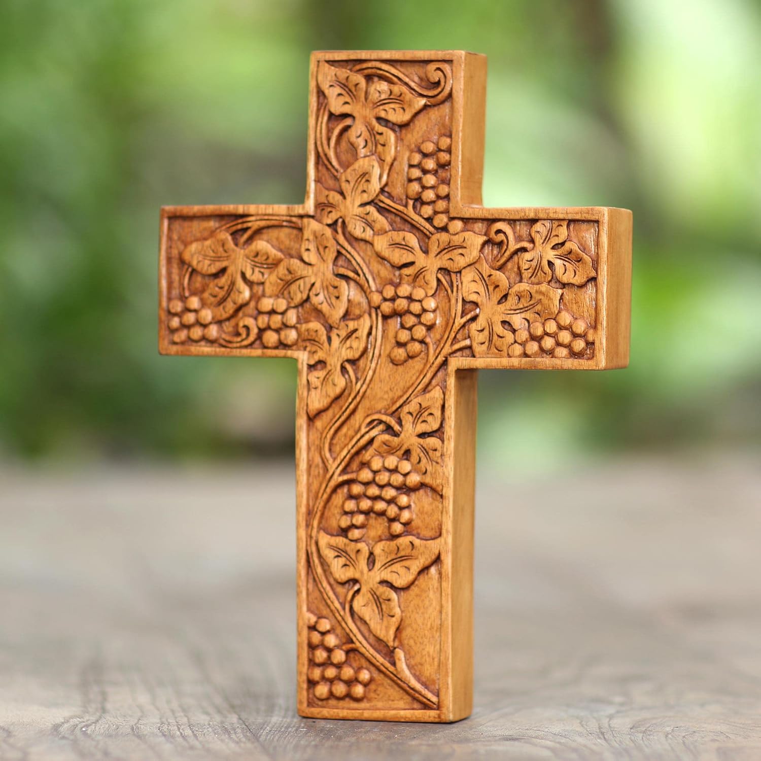 NOVICA Artisan Handmade Wood Wall Cross Engraved Suar from Bali Brown Indonesia Decor Crosses Leaf Tree Christian [10.25in H x 7in W x 1.2in D] ' Grape Leaves'