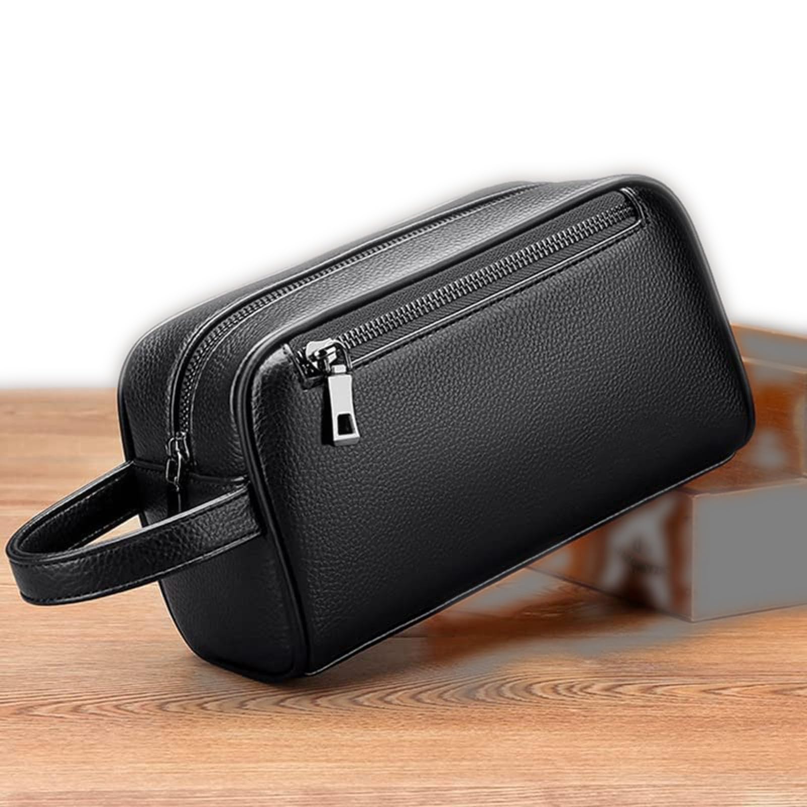 Leather Shaving Bag for Men,Toiletry Bag for Men, PU Leather Toiletry Bag for Men, Hygiene & Grooming Kit Organizer,Cosmetic Bag with Portable Handle (Black)