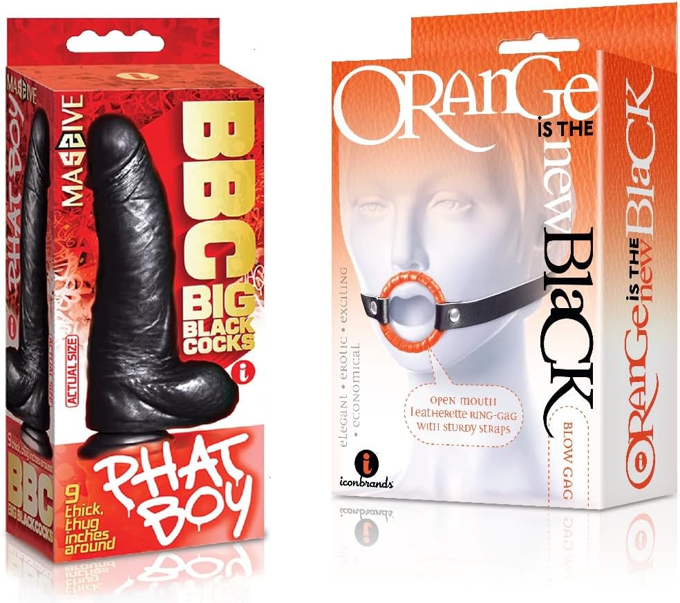 Sexy Gift Set of Big Black Cock Phat Boy 9 Inch Dildo and Icon Brands Orange is The New Black, Blow Gag, Open Mouth Leather Gag