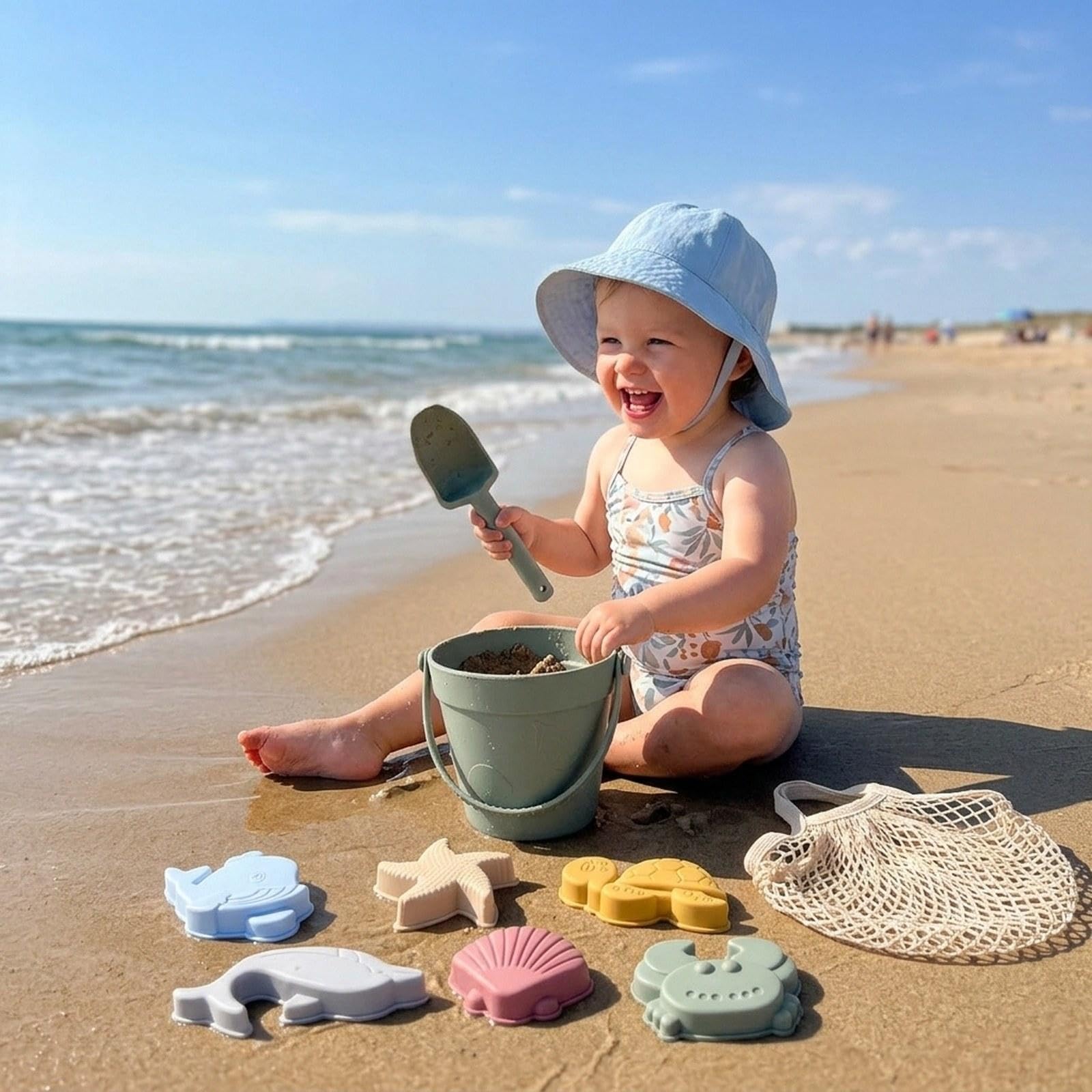 Jouets de Plage Seau Sable Silicone Moules Marin Sac de Transport Pratique et Adapté Aux Jeux Enfants Plein Plage Jardin En Toute, Vert