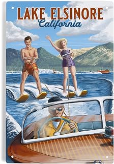 Lantern Press 6x9 Inch Metal Sign, Lake Elsinore, California, Water Skiing Scene