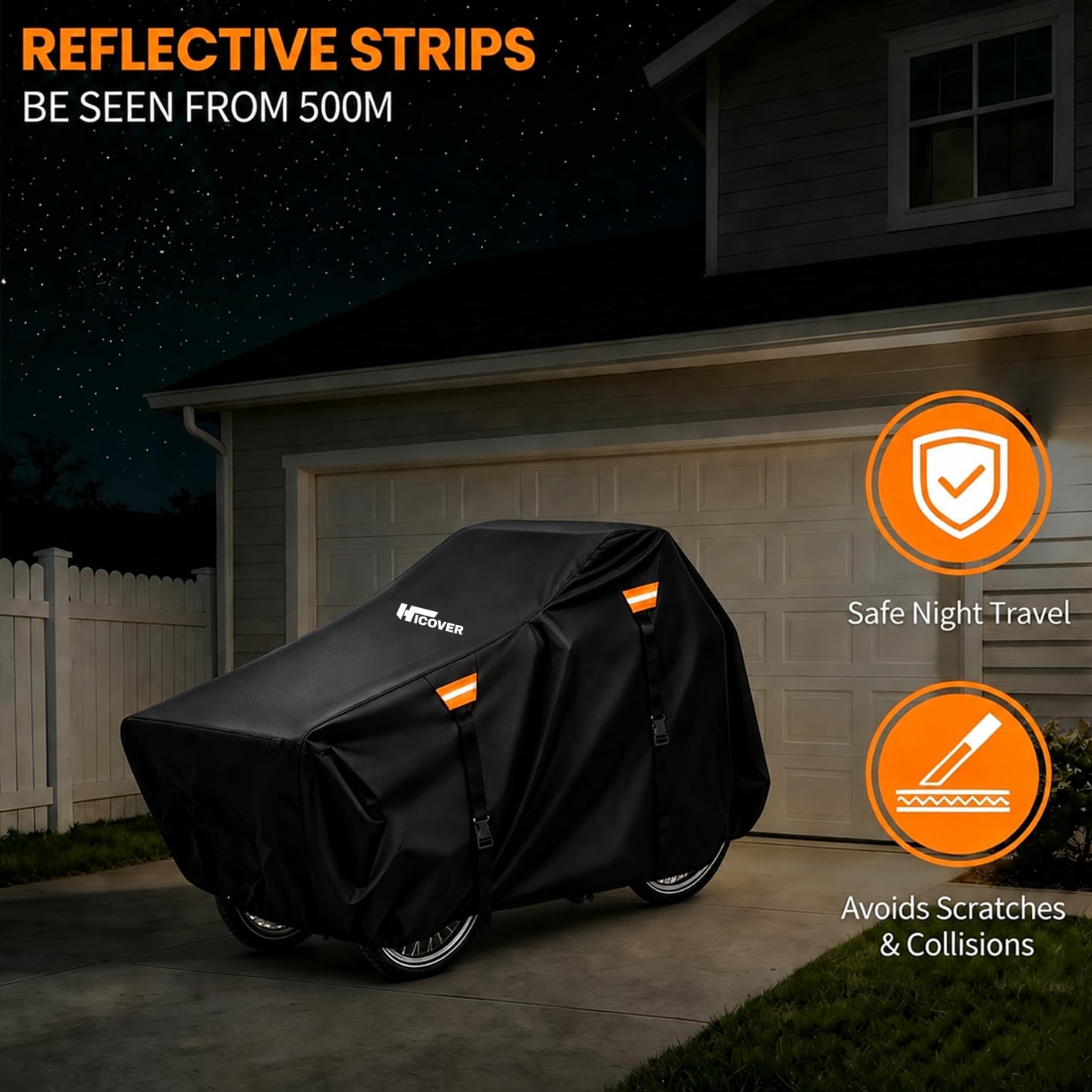 Housse de vélo cargo d'extérieur HICOVER 600D très résistante - Étanche - Protection UV - Pour tricycle adulte - Avec triangle coupe-vent et bande réfléchissante
