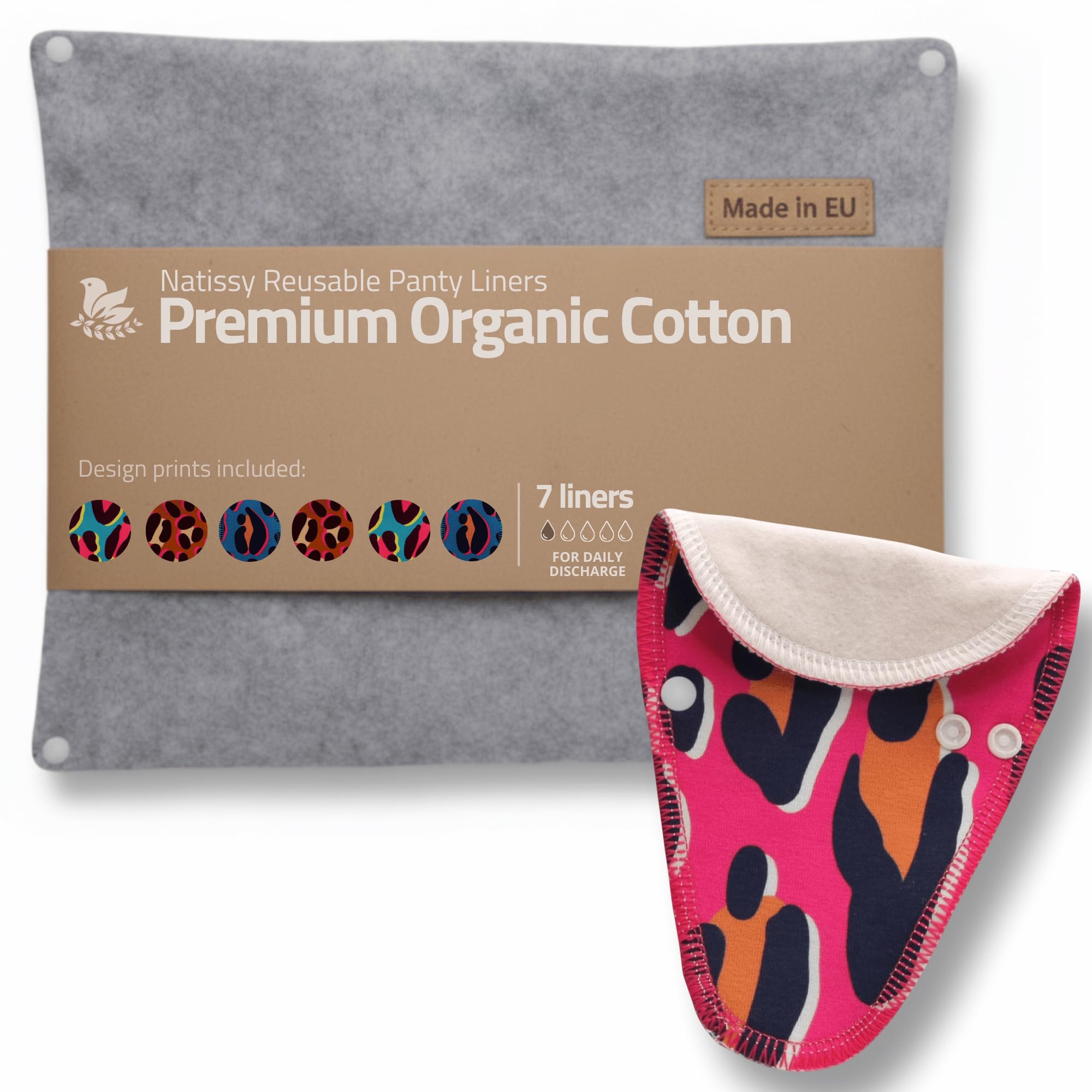 Natissy Bio-Baumwolle Slipeinlagen für Frauen, Waschbar, Weich, Atmungsaktiv, Hautfreundlich und Wiederverwendbar - 7er-Set Tanga - Made in EU