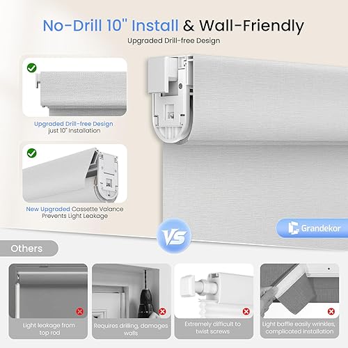 Miniatura 2 de Grandekor Persianas enrollables sin cordón para ventanas sin taladro, sin herramientas, filtran la luz, protección UV, persianas personalizadas para