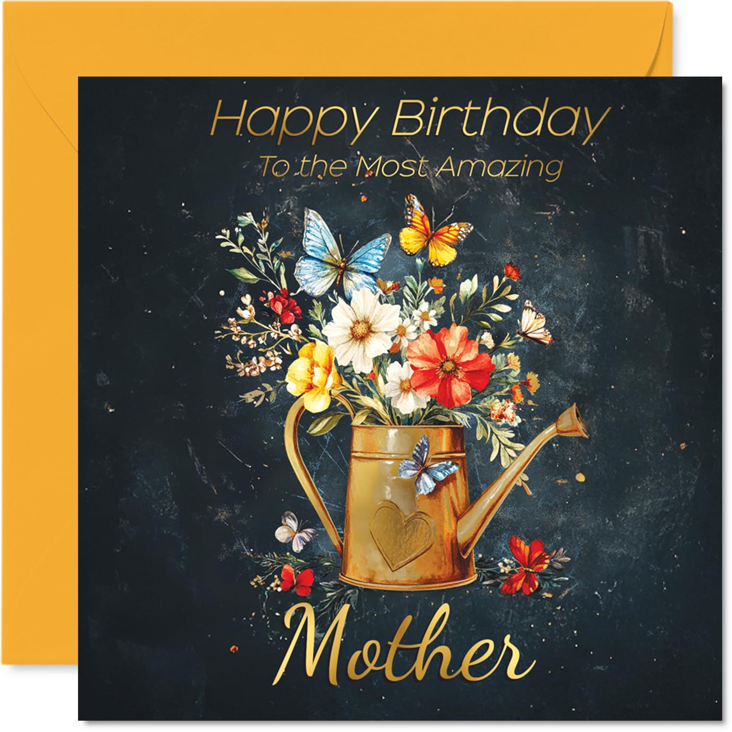 Gold Mother Birthday Card - Watering Can Flowers - Happy Birthday Card for Mother from Son Daughter, 145mm Golden Floral Garden Greeting Cards