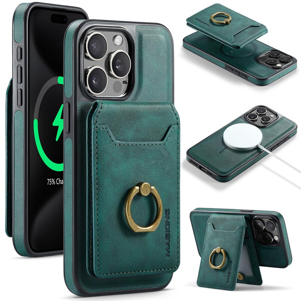 Étui iPhone 16 Plus avec portefeuille magnétique et cuir vert chic