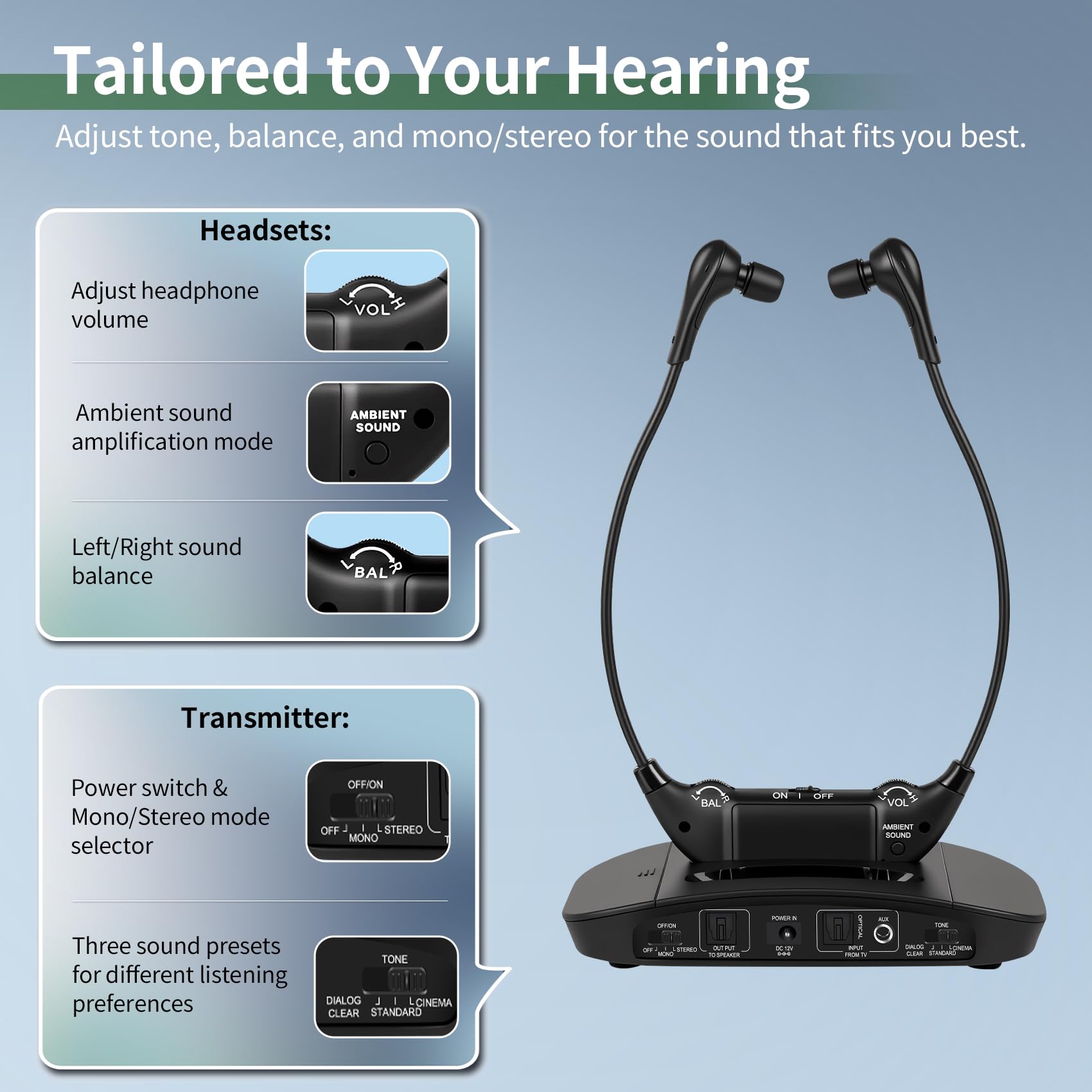 Conquer Dual Wireless Headphones for Seniors TV Watching - Dettaglio