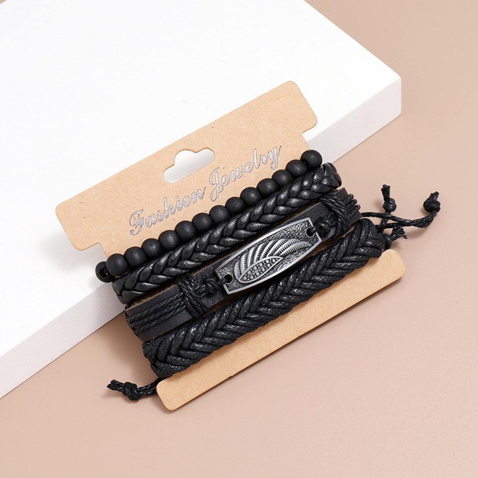 LYGXWJFC Pulsera de Cuero Multicapa con Plumas de Hoja Vintage para Hombre, Pulseras Trenzadas Hechas a Mano con Cuerda de Estrella, Regalo para Hombre
