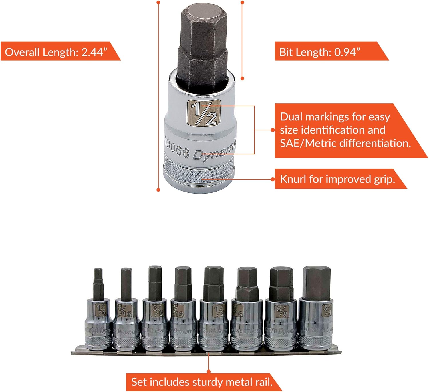 Dynamic 1/2" Drive 8 Piece Standard SAE, Hex Socket Set, 1/4" - 3/4"