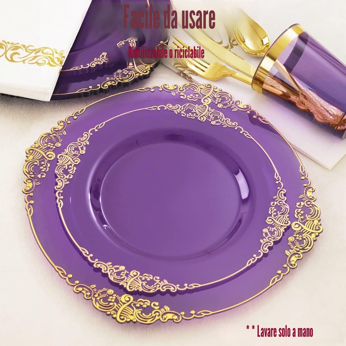 LATERN 100 Pezzi Riutilizzabili Viola e Dorata Plastica Stoviglie, 25 x 26CM Piatti Piani, 25 x 19CM Piatti Insalata, 25 x 300ml Tazze, 25 x Tovaglioli - per Giardino Matrimonio Anniversario Festa