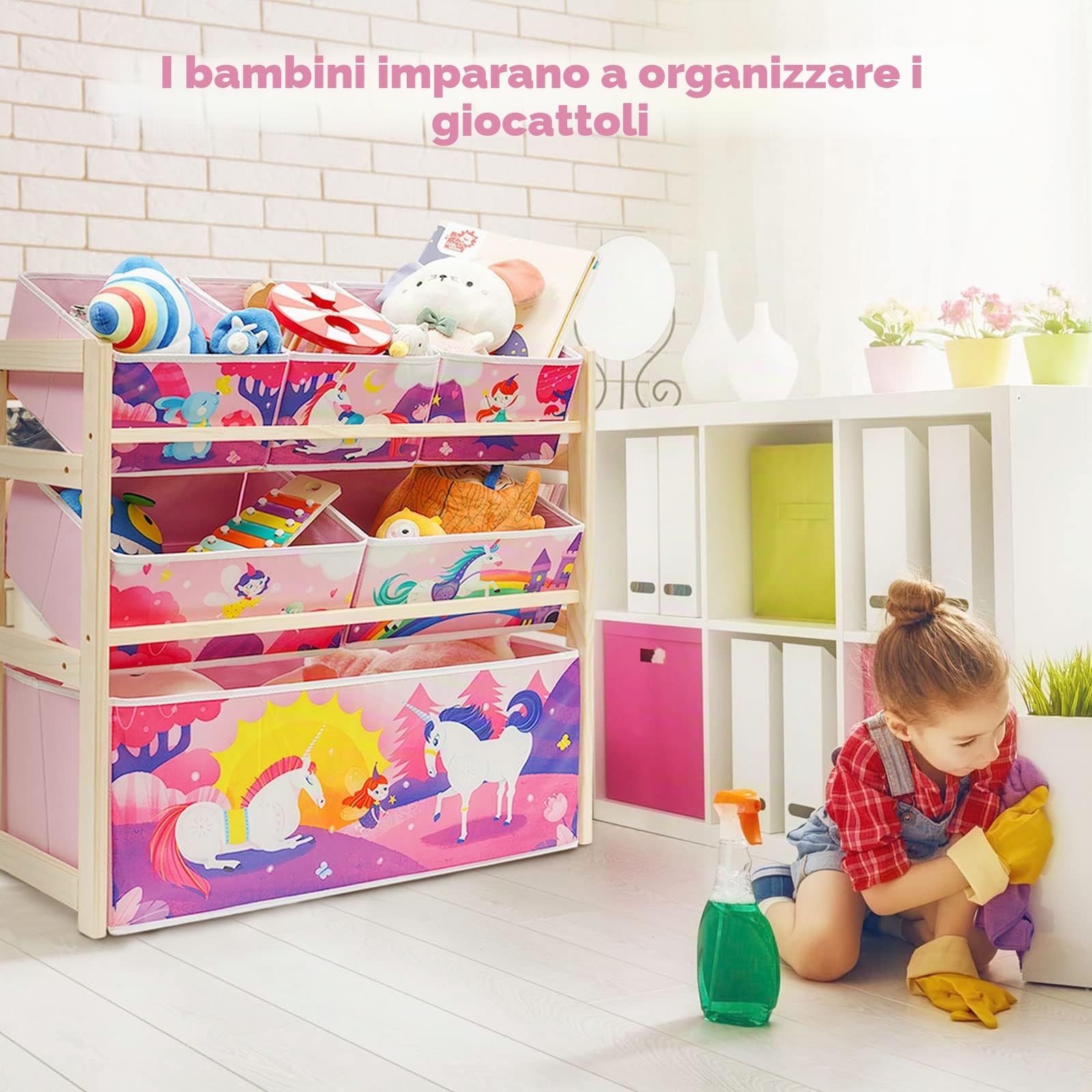 Scaffale per Giocattoli per bambini con 6 contenitori di grande capacità per riporre giocattoli per cameretta dei bambini