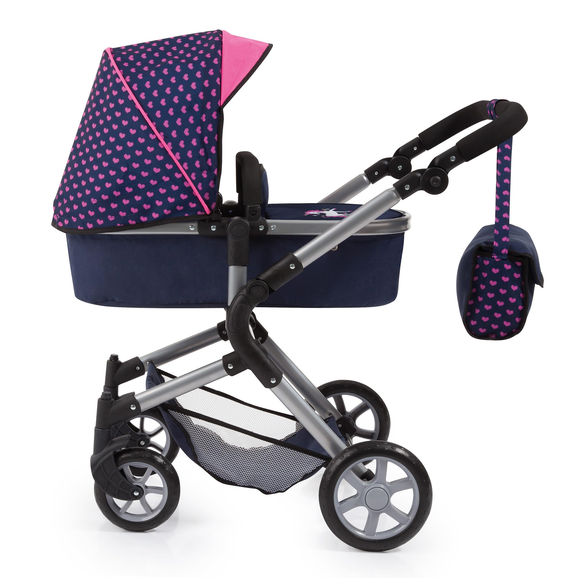 Bayer Design 18154AA cochecito para muñecas City Neo, carrito de muñeca, convertible en sillita paseo muñeco, altura regulable, plegable, con bolsa