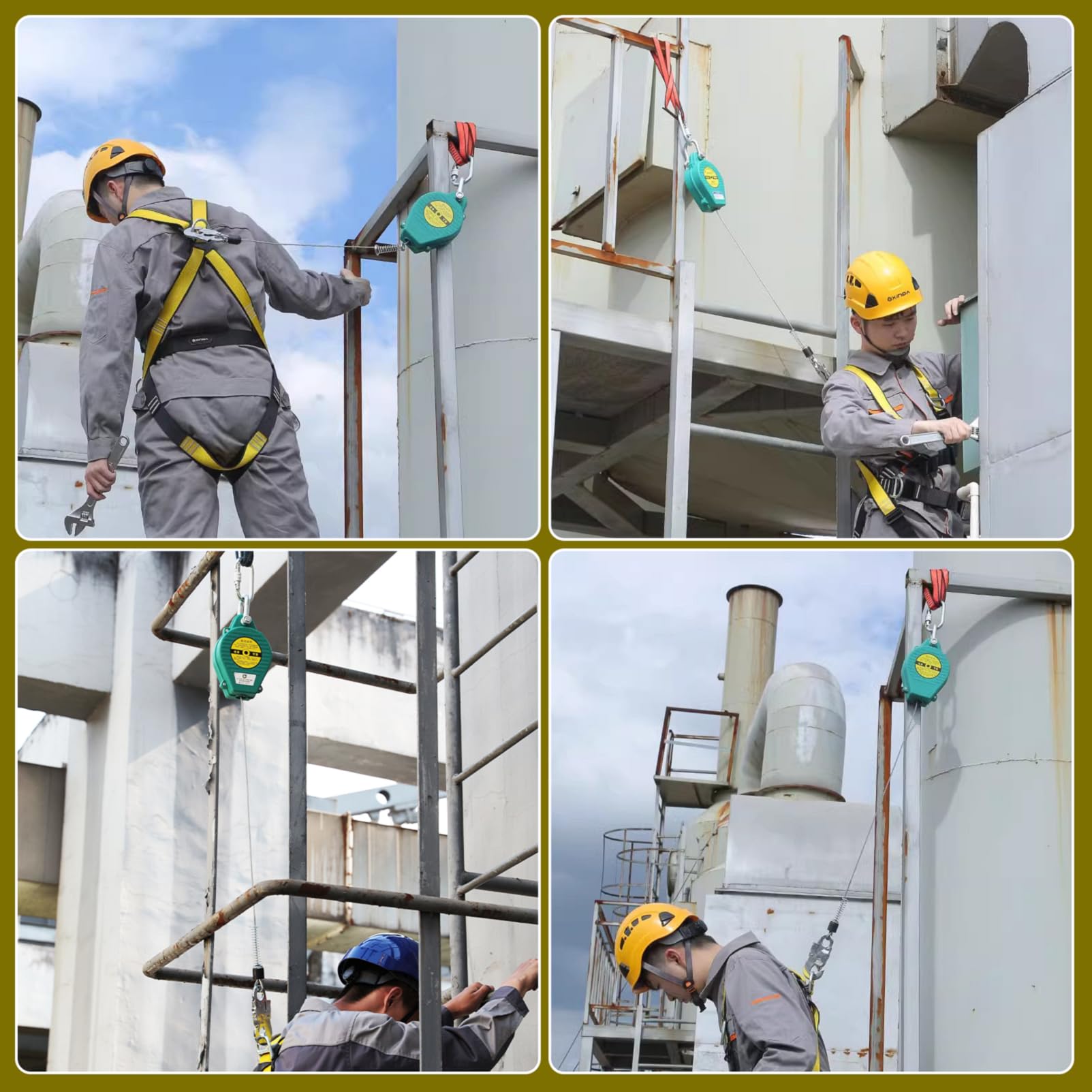 Dispositivo Anticaduta Retrattile Certificato 3-20 mt, Imbracatura di Sicurezza Anticaduta Tetto 150 kg, Verde/Giallo Kit Imbracatura Anticaduta Tetto/Lavoro Aereo (Giallo,10 metri)