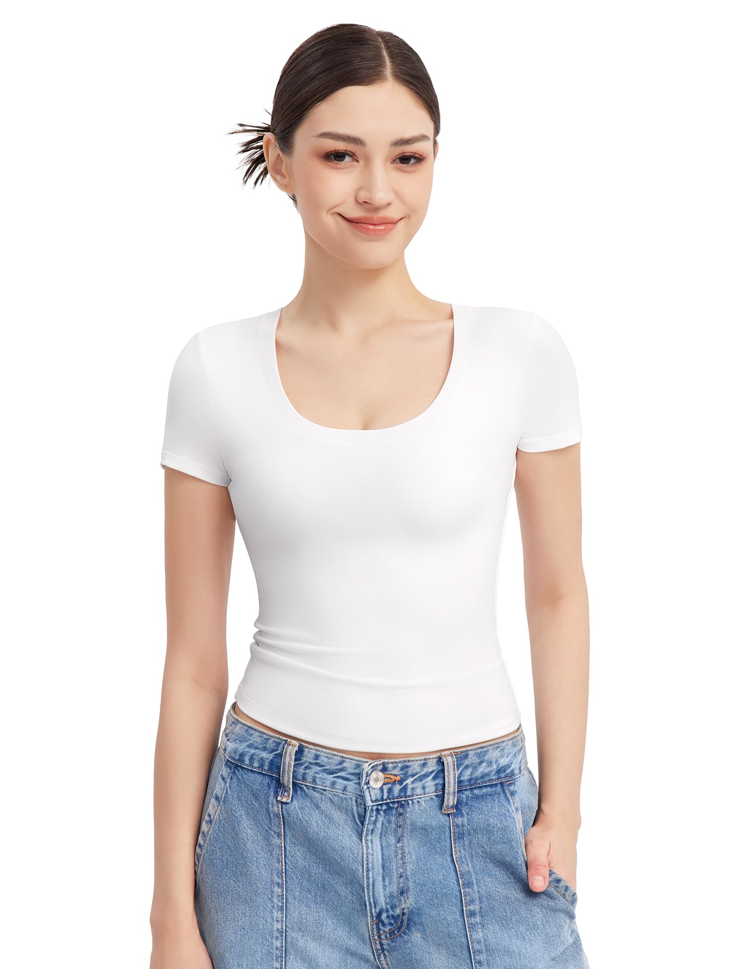 PUMIEY Women's T Shirts Short Sleeve Scoop Neck Basic Going Out Tops Fashion Slim Fit Tee Smoke Cloud Pro Collection