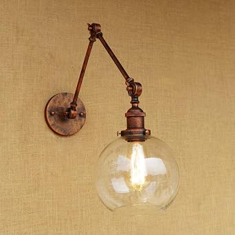 Lighting Industrial Vintage Style 1 Light Wall Sconces Adjustable Swing Arm Wall Sconce Wall Light Lamp Fixture with Clear Globe Shade for Bedroom Living Room Restaurant Barn Warehouse Rust