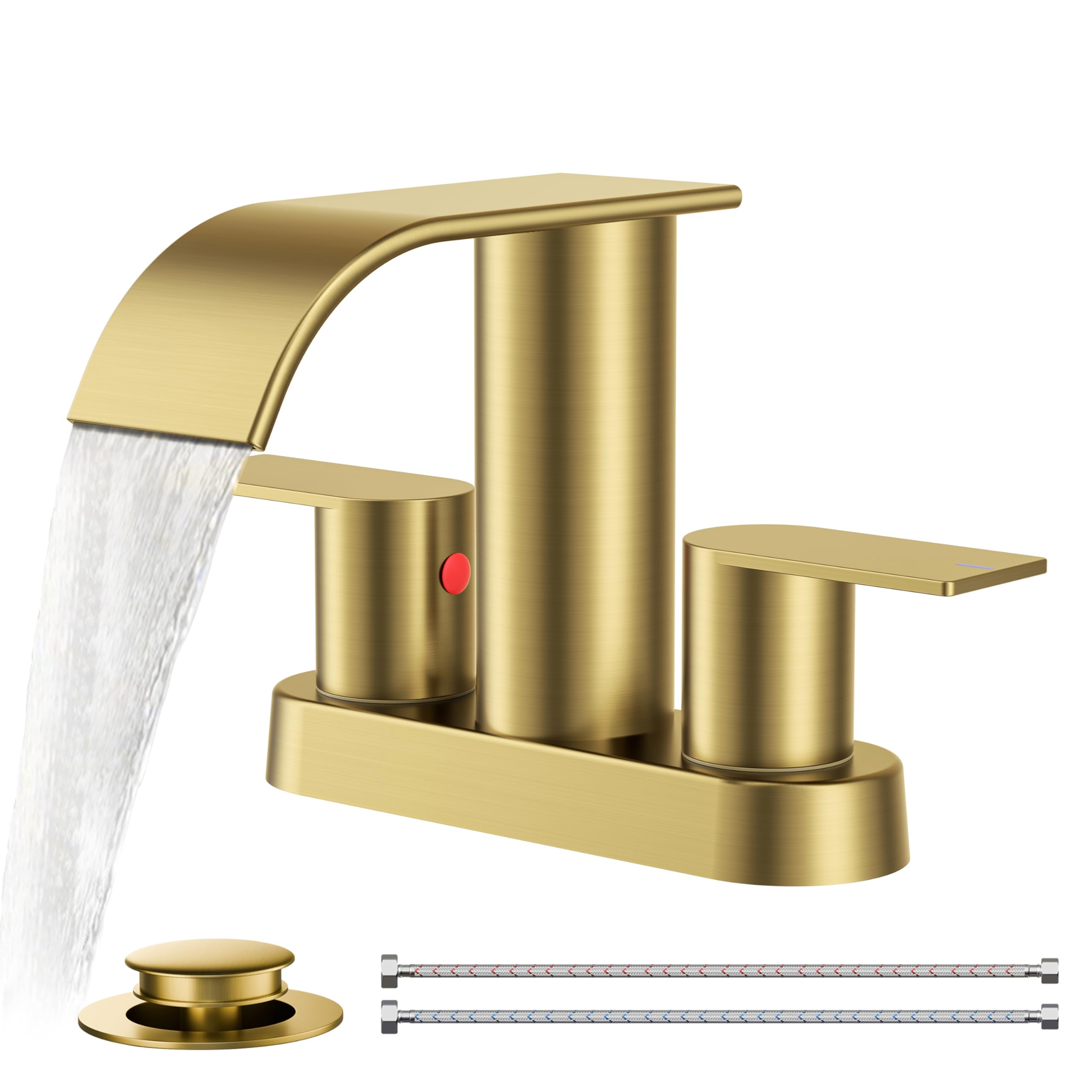 FORIOUS Brushed Gold Bathroom Sink Faucet Waterfall 4 Inch Centerset Bathroom Faucets with Metal Pop up Drain and
