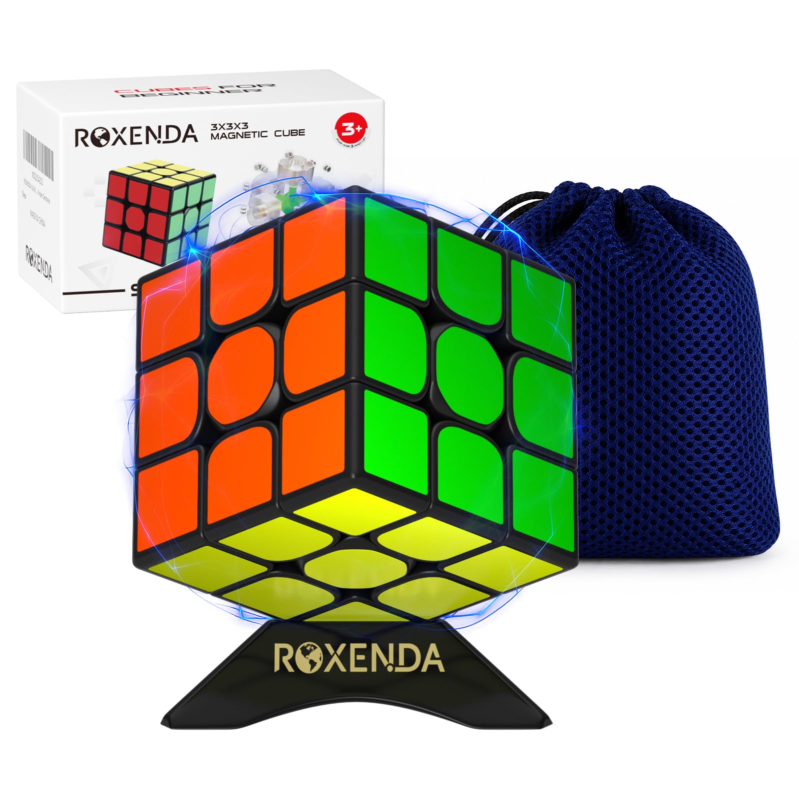 ROXENDA Magnetic 3x3 Speed Cube, 58g Lightweight Puzzle with Stand & Bag