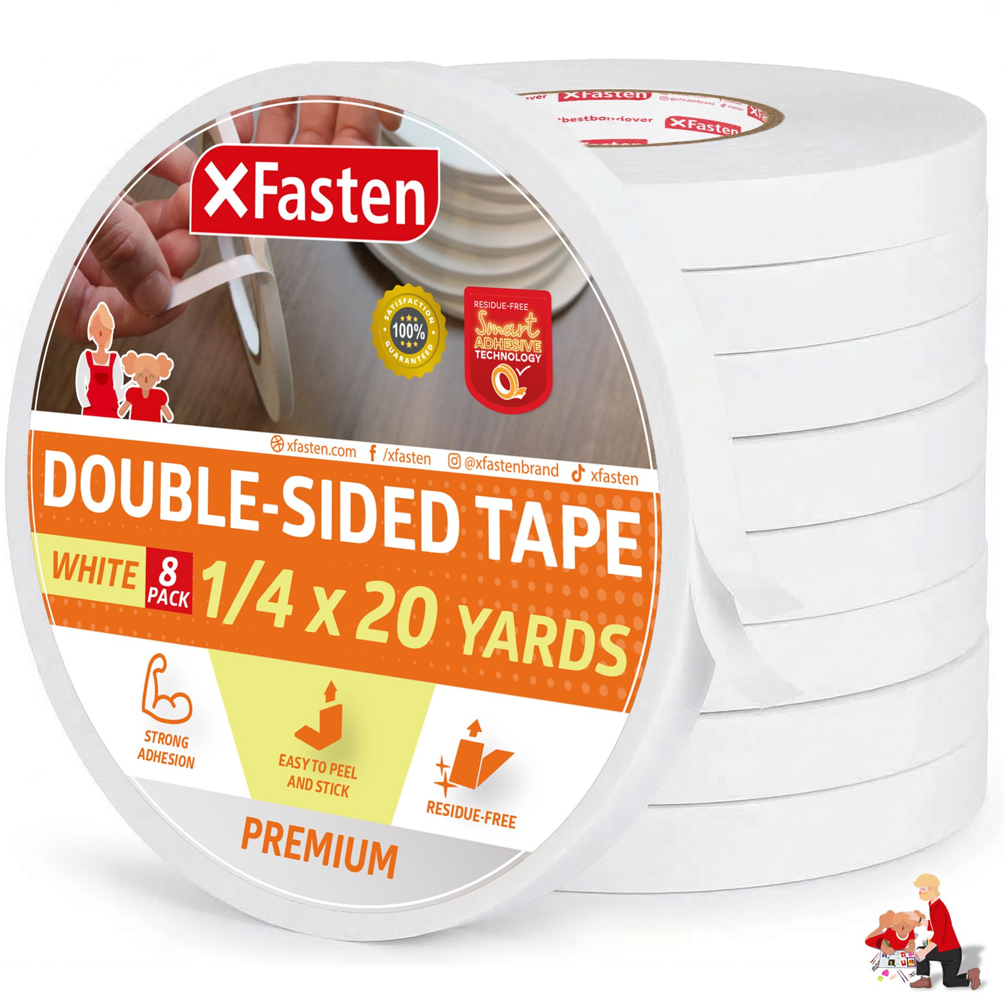 XFasten Double Sided Tape, Removable, 1/4-Inch by 20-Yards, Pack