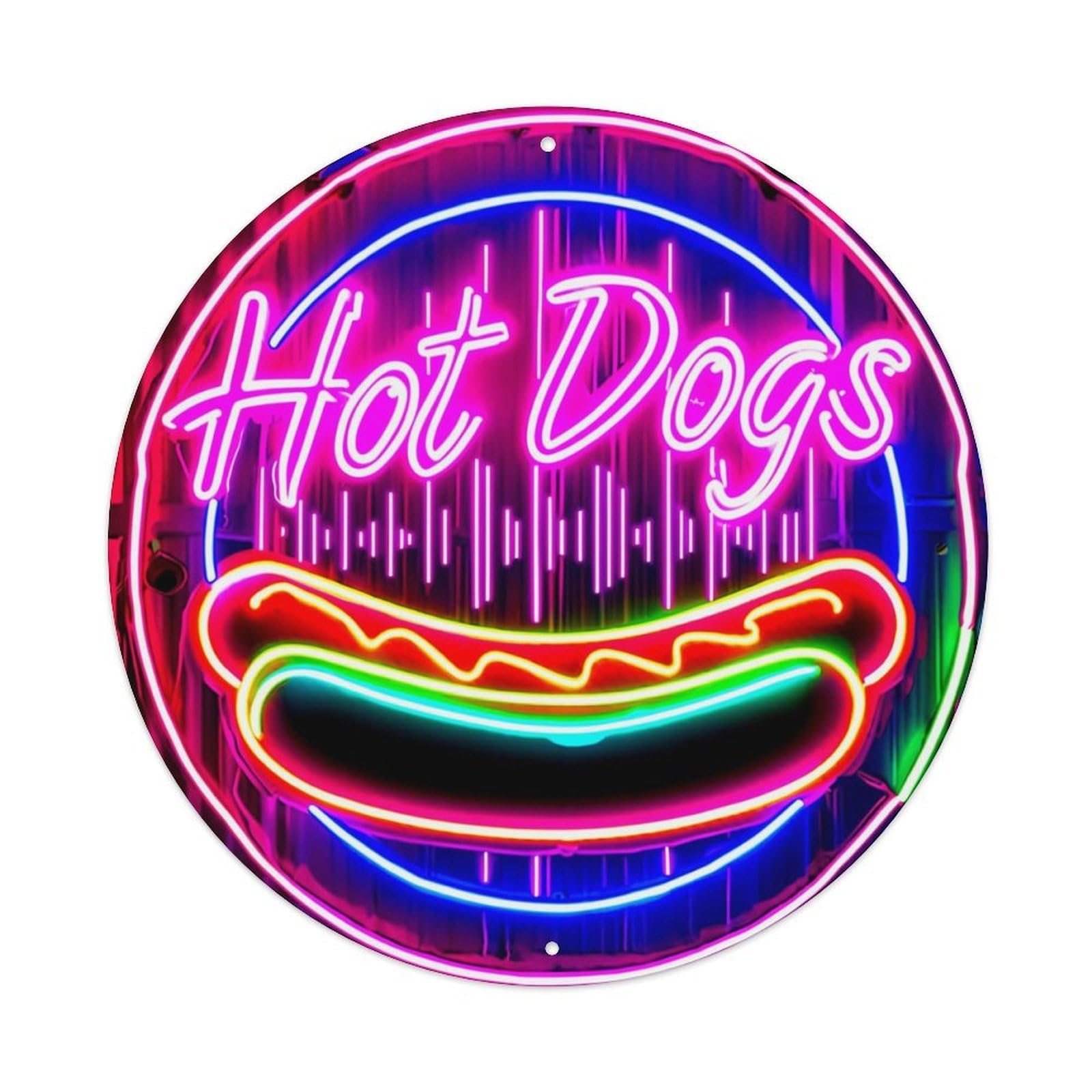 Neon Hot Dog Sign Pattern Retro Metal Sign Round Tin Sign, Vintage Decor Art Poster for Bar, Home, Man Cave, Kitchen, Laundry Room Gift 8x8Inch