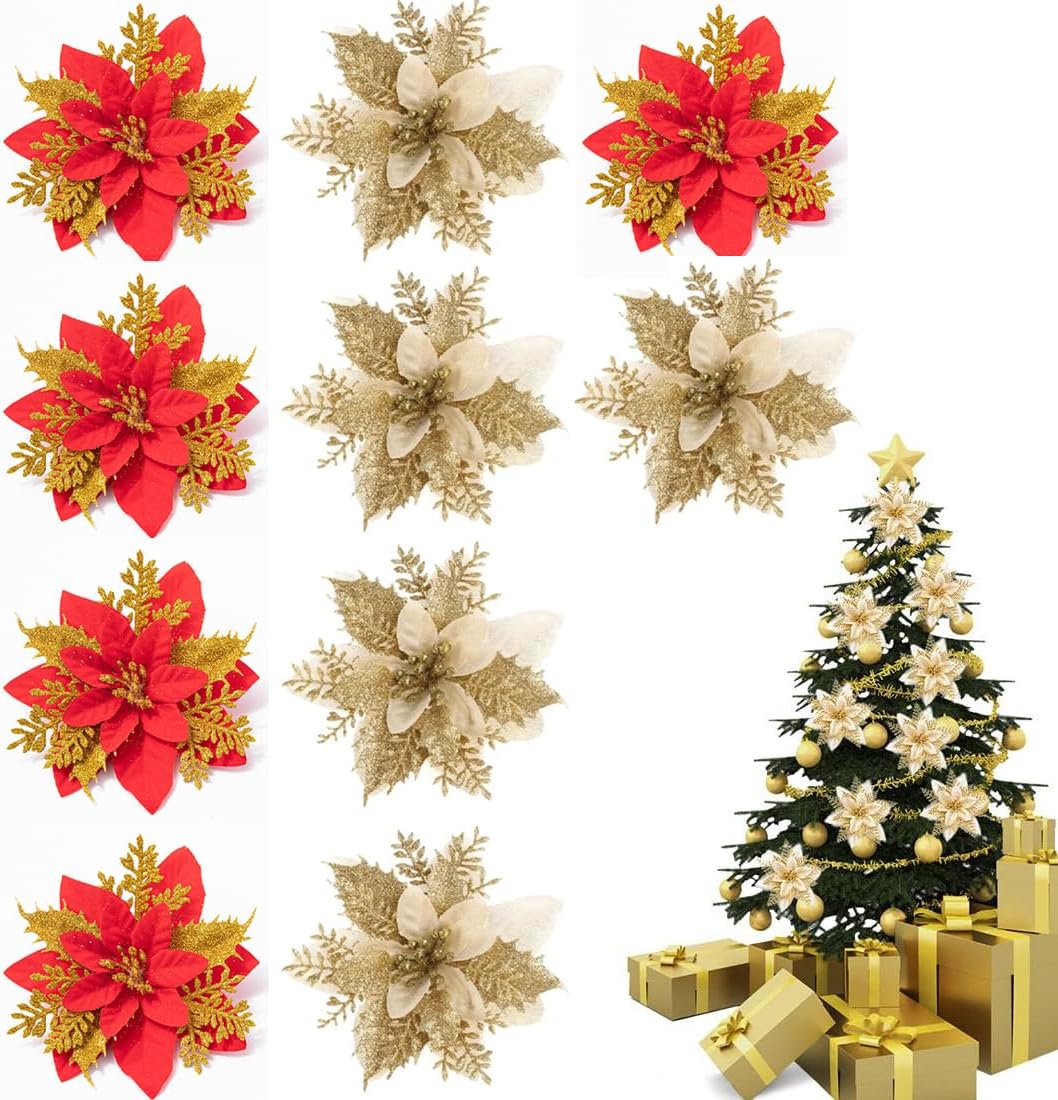10 x Christmas Glitter Flowers with 12 Poinsettia Artificial Christmas Tree Decorations, Blue, Medium