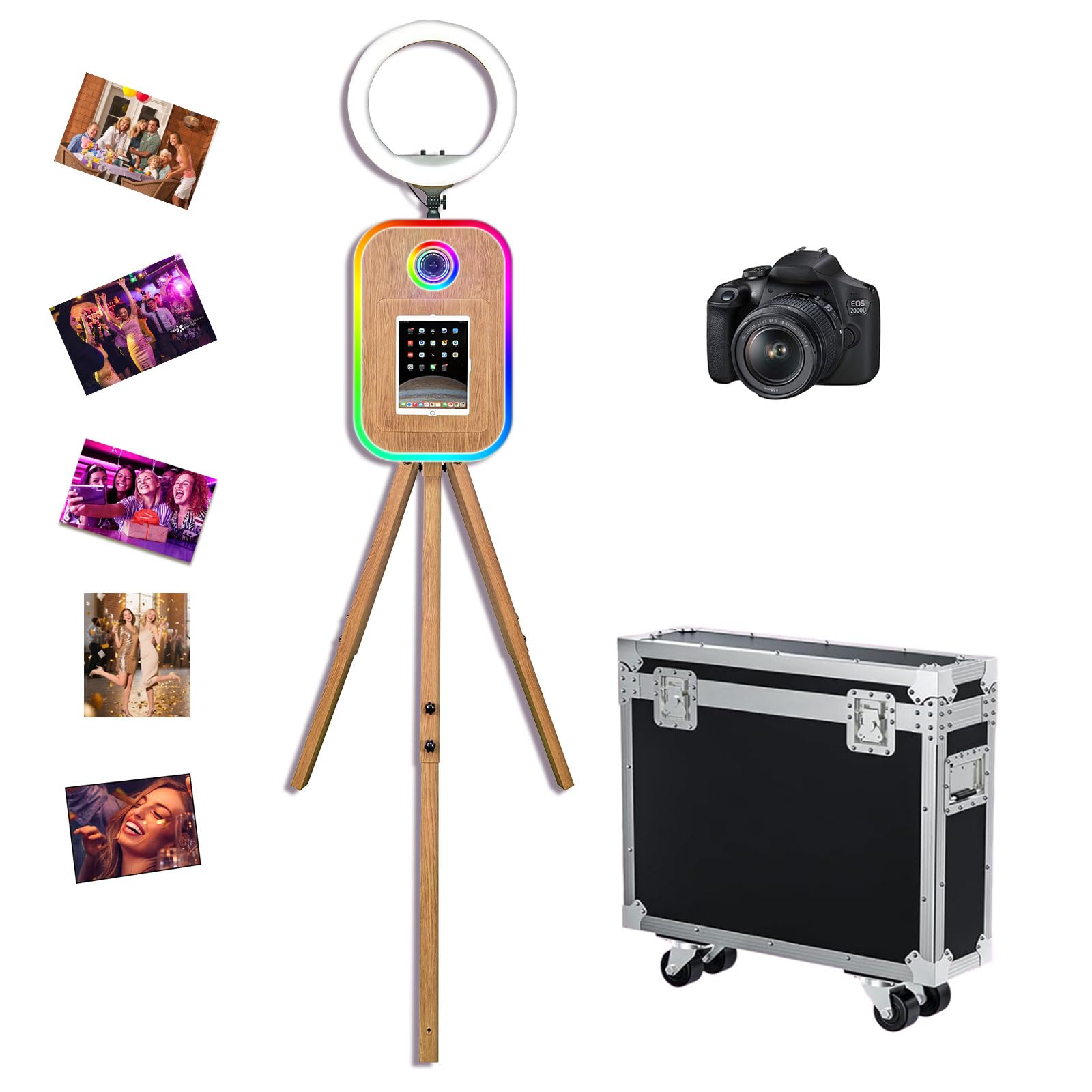 Statyw fotobudka z oświetleniem pierścieniowym kompatybilna z powierzchnią/tabletem/iPadem do fotobudki 25.9 cm-33.0 cm Shell Stand Selfie Photobooth Machine na wydarzenia (odcień drewna, maszyna +