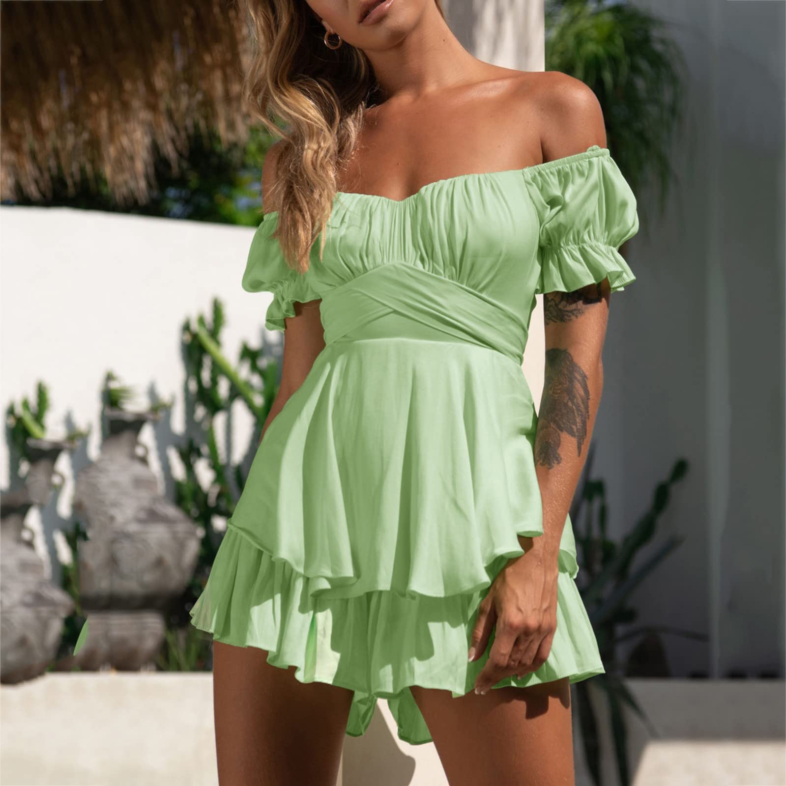 2026 Femme Couleur Unie Volants Un Cou Manches Courtes Europe Les États-Unis Bretelles Jumpsuit Short