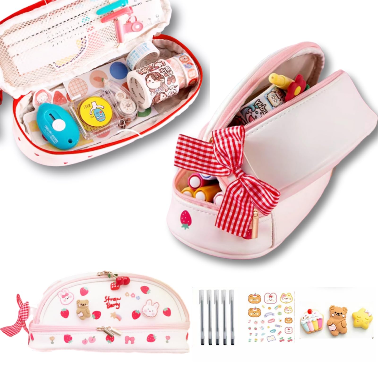 ORTROLA Double Layer Stationery Organizer Box Cute Bear Large Size Pencil Case with Compartment Office Supplies Organizer Stationery Box with Sticker, Pinky Strawberry, Pencil case