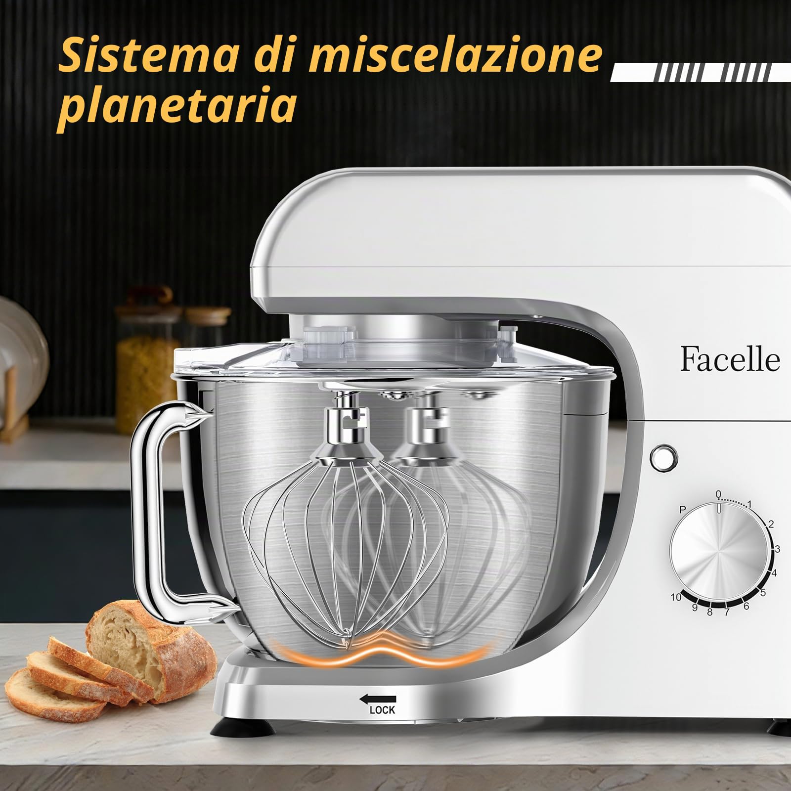 Impastatrice Planetaria Professionale, 1500W, 10 Velocità e Funzione Pulse, Contenitore Inox 5.5 L, Piedini antiscivolo, Coperchio con apertura, Uncino, Mescolatore, Frusta sbattitrice