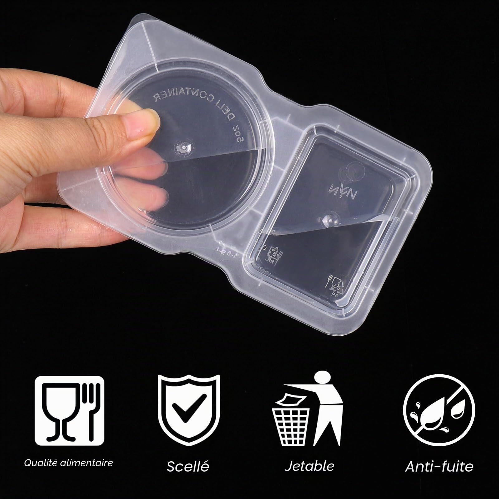 Lot de 50 récipients à condiments à double compartiment avec couvercles, jetables à 2 compartiments en plastique transparent pour les voyages