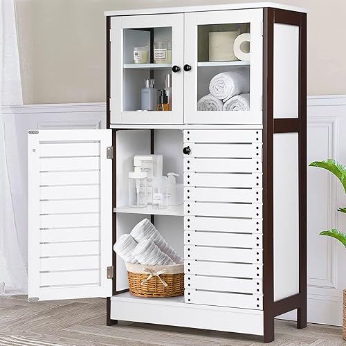 VOWNER Bathroom Storage Cabinet, Freestanding Floor Cabinet with Glass Doors & Adjustable Shelves for Bathroom Living Room Office, White