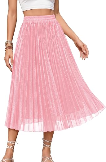Gardenwed Womens Pleated Flowy Flare Skirt Elastic Waist A-Line Skirts | Trendy High Waist Midi Skirt, Ideal for Business, Office or Work