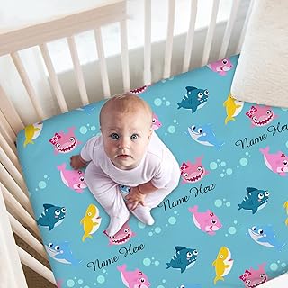 Personalized Cute Baby Shark Baby Crib Sheets with Name, Custom Fitted Crib Bedding Sheets for Baby Boys Girls, Pack and Play Sheets, Crib Mattress Sheets, Mini Crib Sheet | Name Crib Sheets