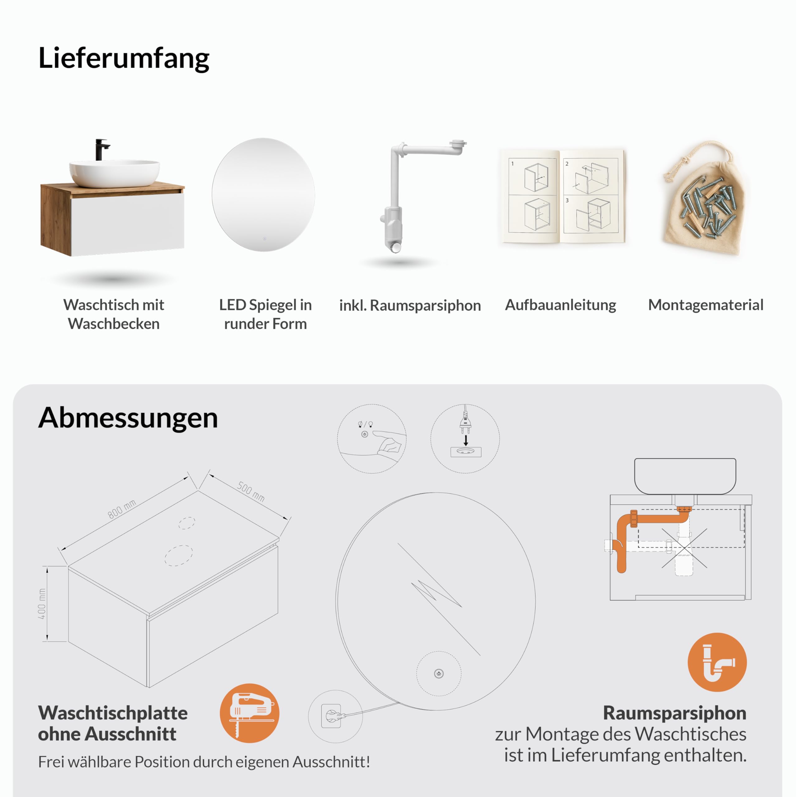 Planetmöbel Arisa Ensemble de meubles de salle de bain avec meuble bas 80 cm chêne doré blanc avec miroir Nova Lavabo 60 cm blanc + siphon d'économie d'espace