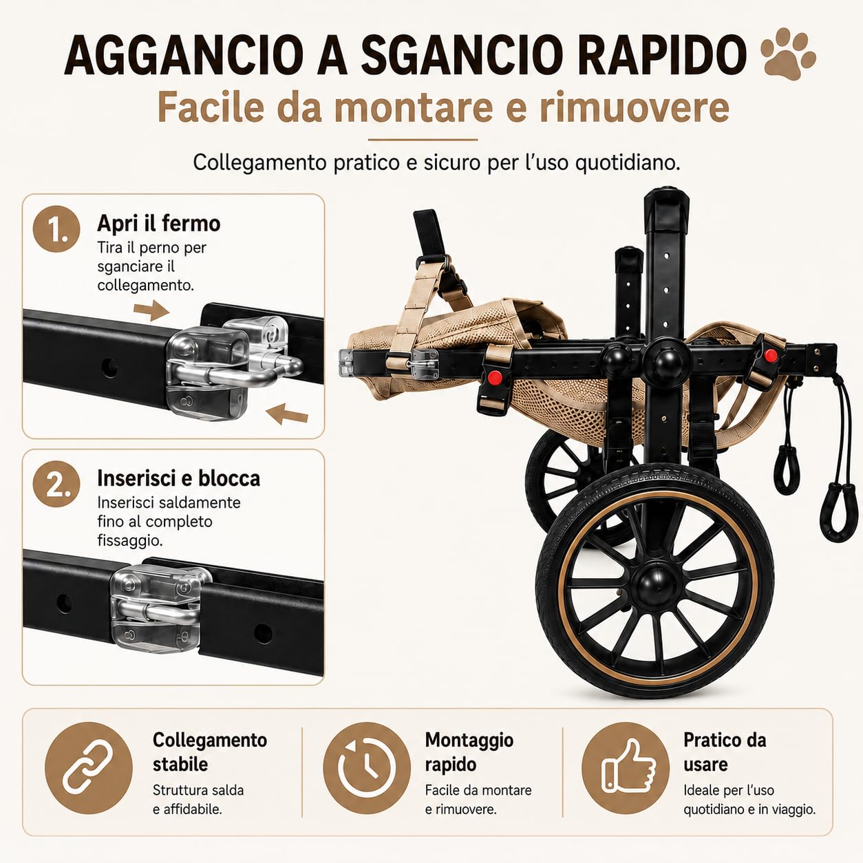Carrellino per Cani Regolabile, Zampe Posteriori，XL | Telaio in alluminio, ruote ammortizzate, design igienico aperto e fibbia rapida. Allevia l'artrosi senza stress.