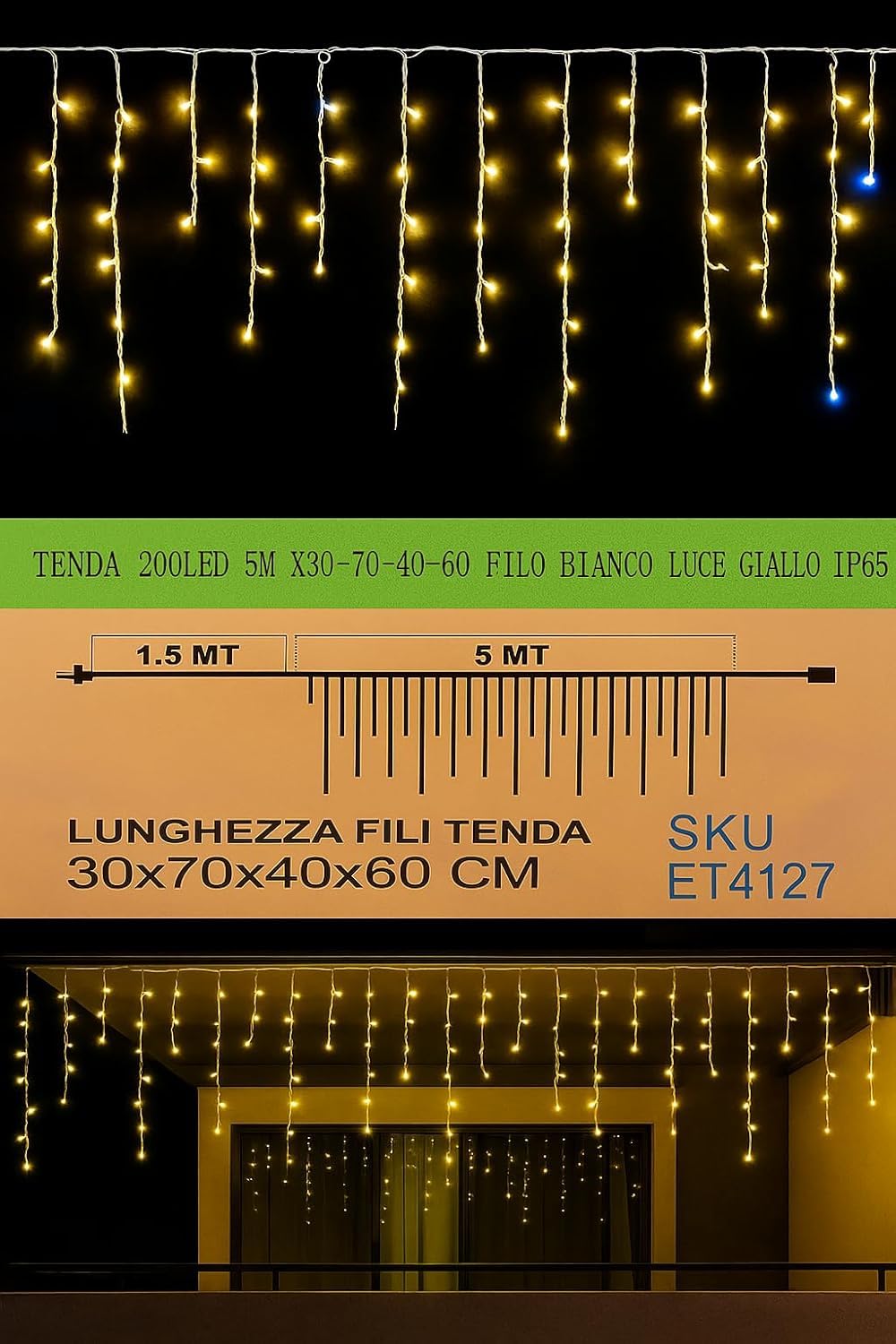Elektronova Lichtervorhang mit 200 LEDs, 5 m, gelbes Licht, weißes Kabel, IP65, verlängerbar, mit hängenden Drähten in abwechselnden Längen (30 – 70 – 40 – 60 cm) für Wasserfall-Effekt
