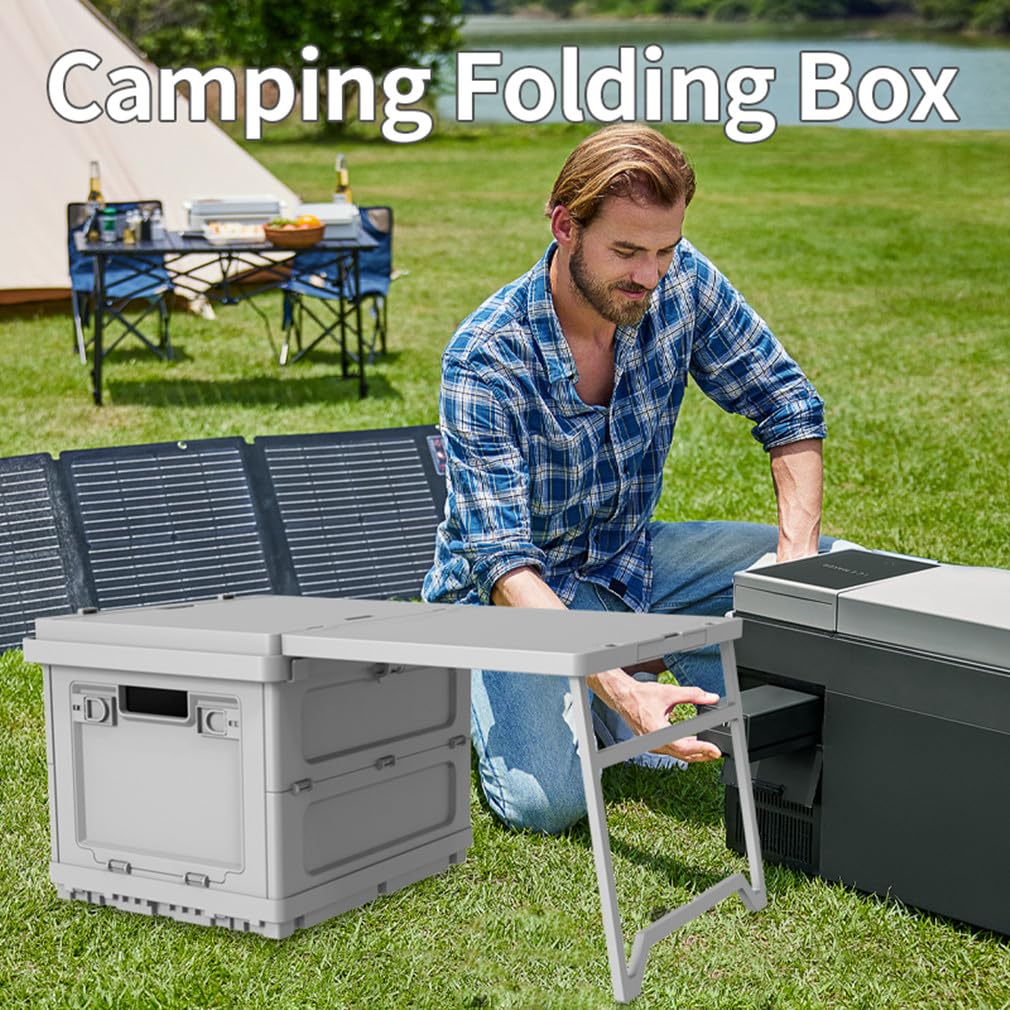 Beolur 2-in-1 Klappbox mit Tisch – Faltbare Aufbewahrungsbox mit ausziehbarem Tischplatte, tragbar für Camping, Van, Wohnmobil, Kofferraum & Zuhause, ABS+PP Kunststoff, inkl. DIY Sticker