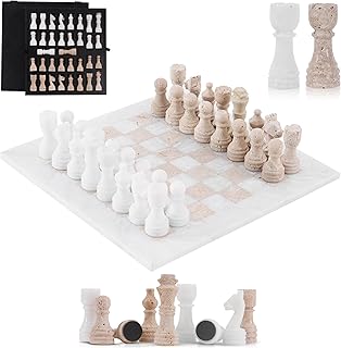 Travertine Marble Chess Set 12'' White and Travertine with Storage Box Handmade Board Game - 1 Chess Board & 34 Chess Piec...