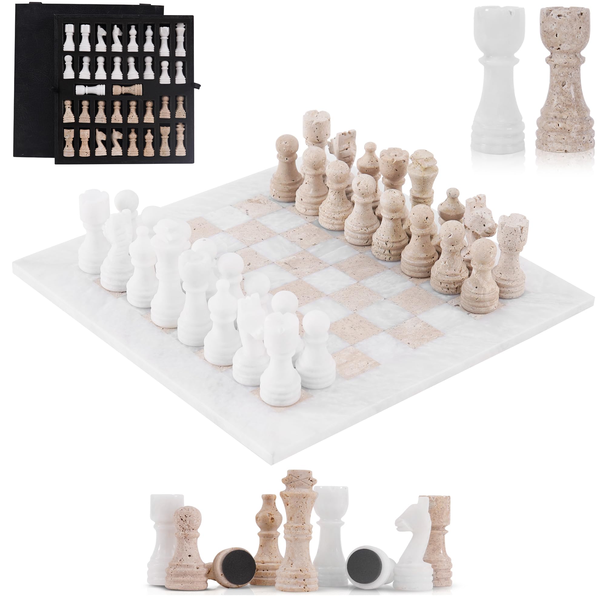 SPESHSTONES Marble Chess Set 12 Inch Handmade White and Travertine Board Games for Adults with Storage Box, Classic Table Chess Board with Chess
