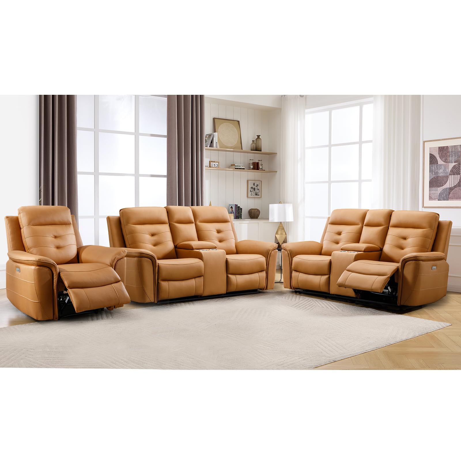 ANJ 3-Piece Faux Leather Power Recliner Sofa Set with USB Charging Ports, Include Single Recliner Chair, 2-Seater Loveseat Set of 2 with Hidden Storage &amp; Cup Holders, Yellow