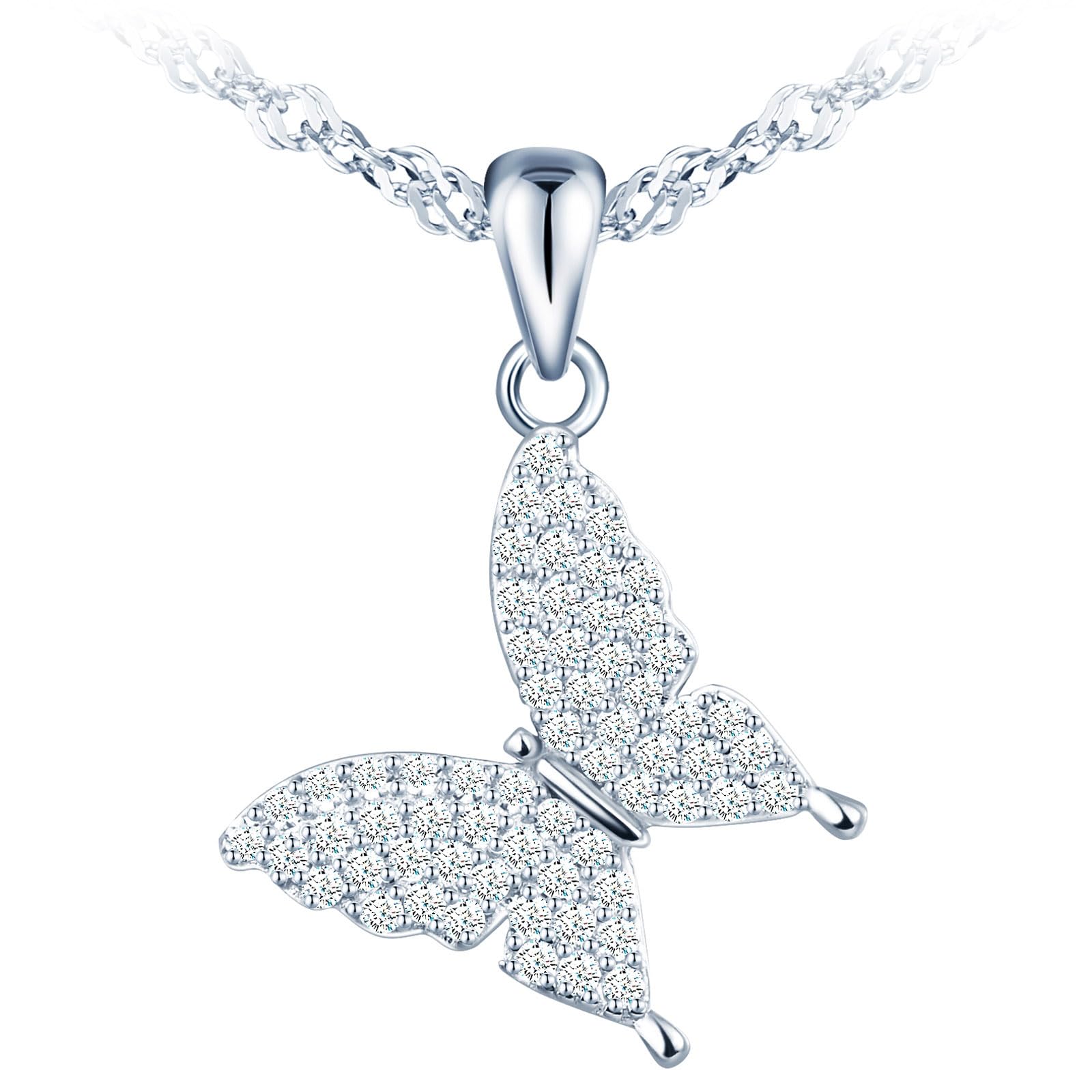 Collana Farfalla In Argento 925 Con Zirconi Bianchi, Ciondolo Piccolo A Grappolo, Catena Singapore 45cm, Gioiello Ipoallergenico Per Donna - 3