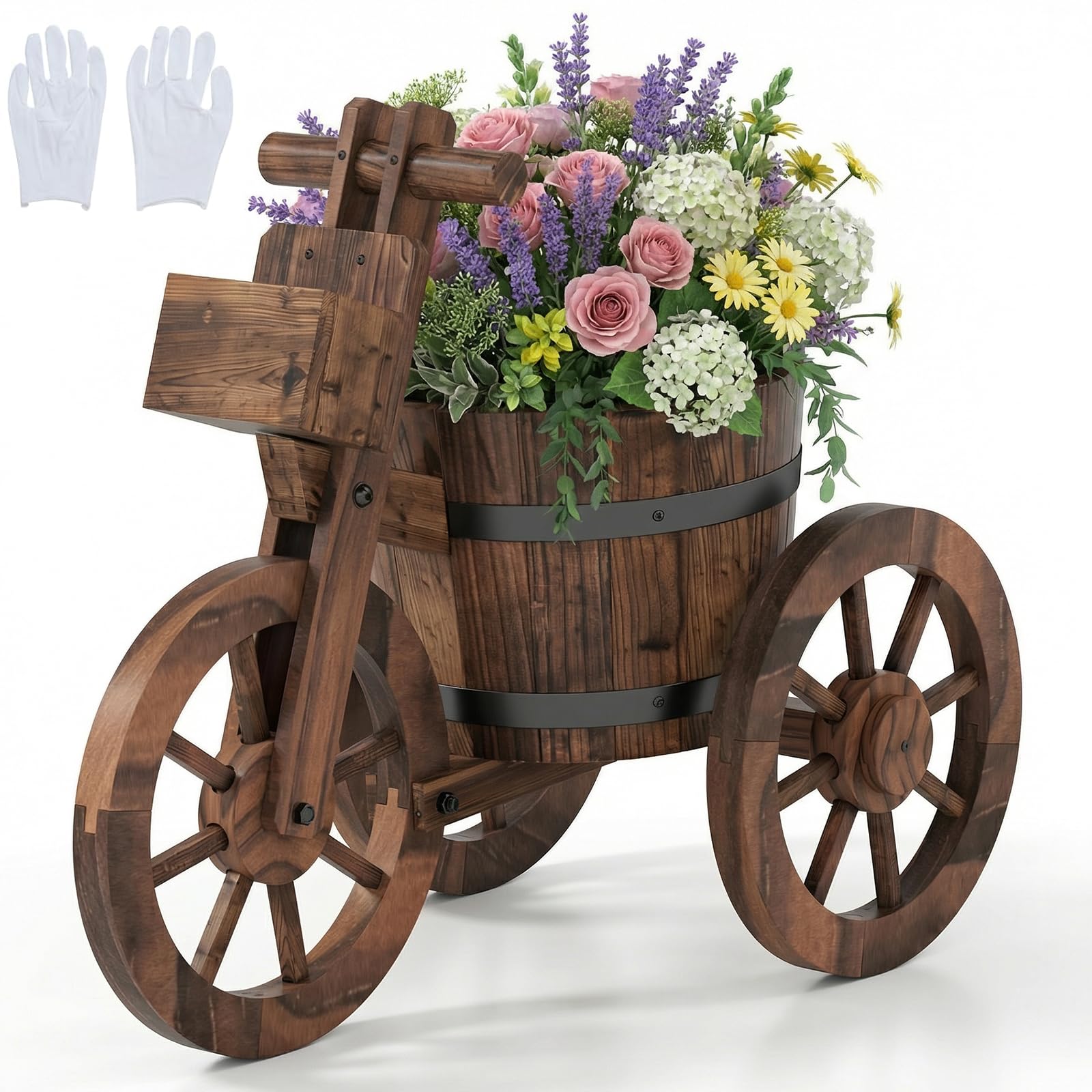 TANGZON Wooden Garden Planter, Rustic Tricycle Flower Cart Planter with Wheels, Drainage Hole & Front Storage Box, Decorative Fir Wood Flower Pot Stand for Flowers Herbs Vegetables