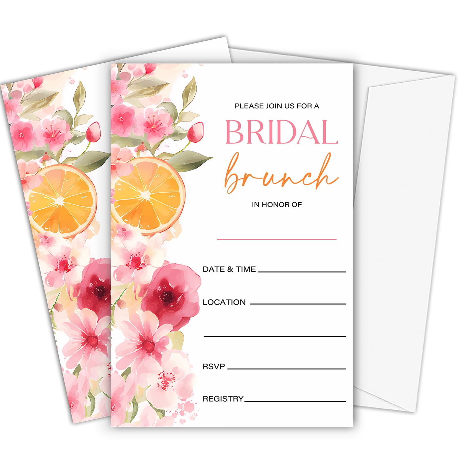 Fbitey Spring Lemon Bridal Shower Invitations, Pink Flower Citrus Orange Bridal Shower Invites with Envelopes, Wedding Bridal Shower Party Supplies &