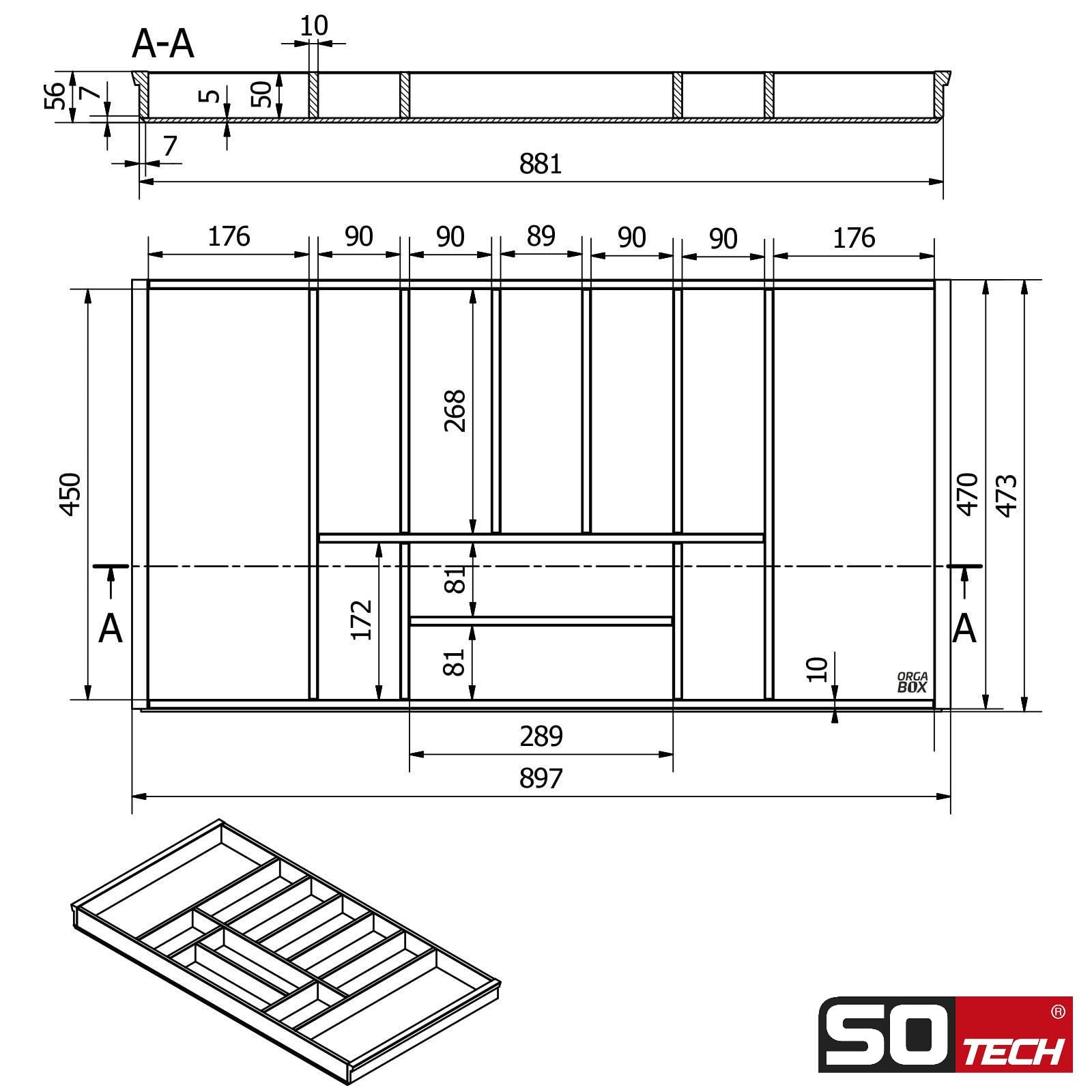 Orga-Box 3 BAMBUS Besteckeinsatz für 100er Schublade (473 x 897 mm) mit 11 Fächer Holz-Schubkasteneinsatz für Nobilia Küchen ab August 2012